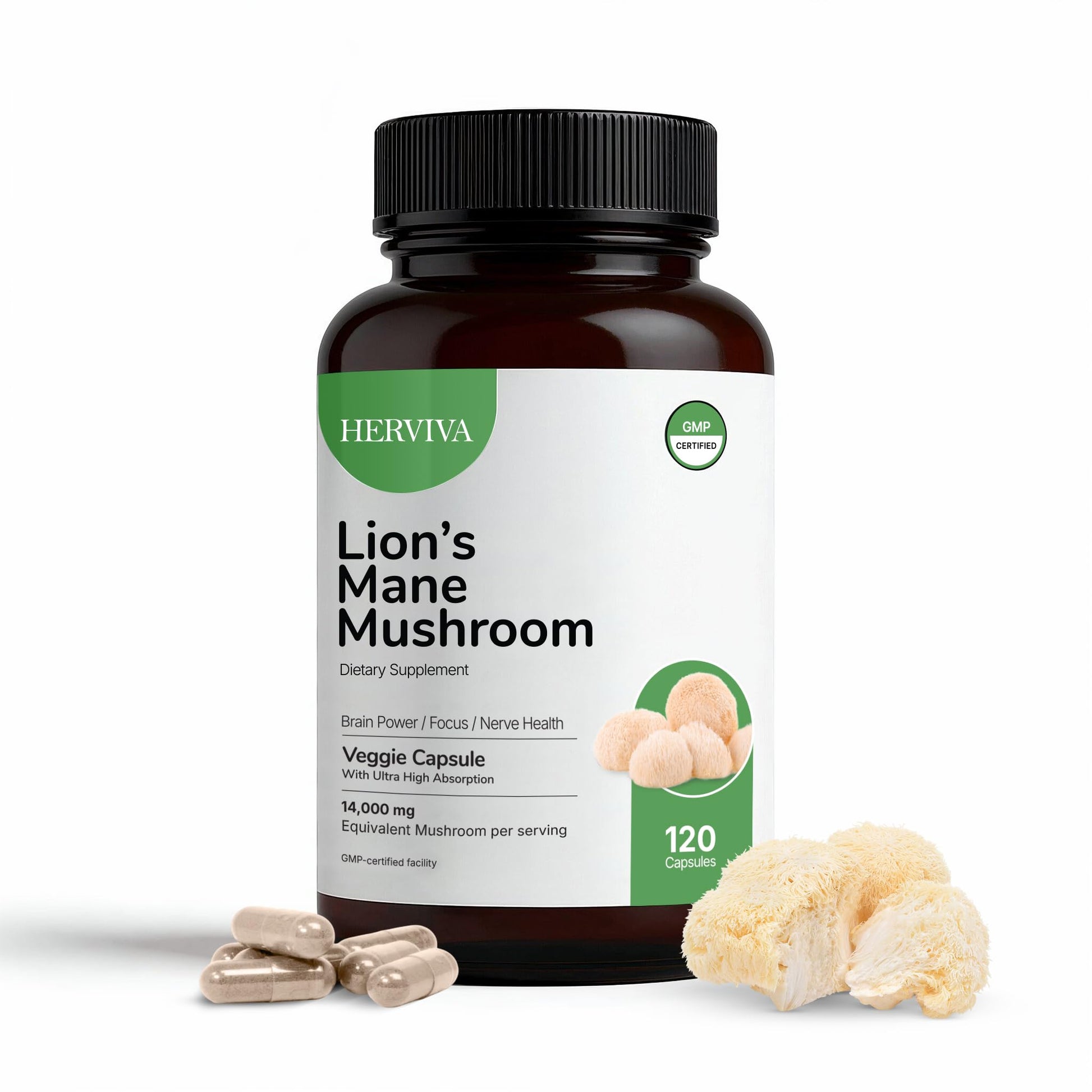 HERVIVA Lions Mane Mushroom Supplement 120 Capsules
