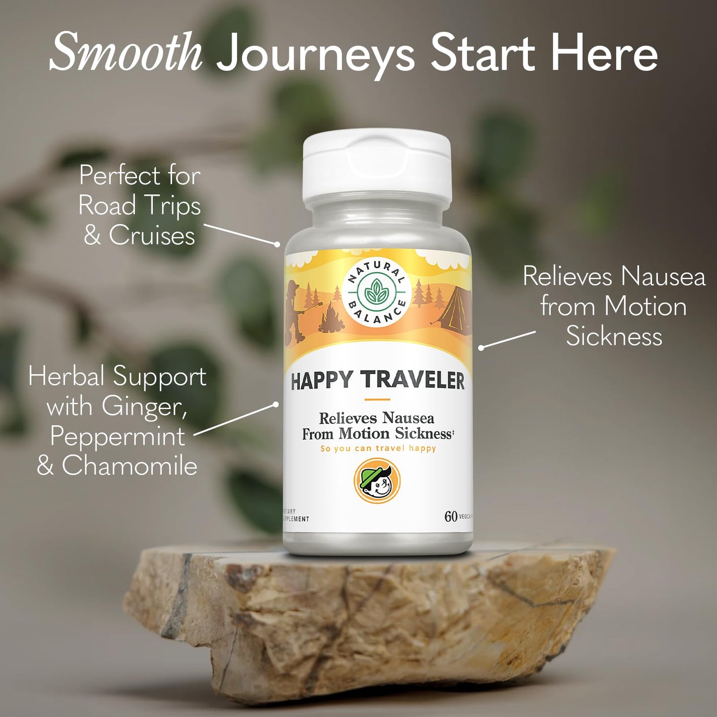 Natural Balance Happy Traveler Travel Essentials Nausea Relief from Motion Sickness with Ginger Root, Peppermint, Vitamin B6 and Magnesium Capsule, 60 Count