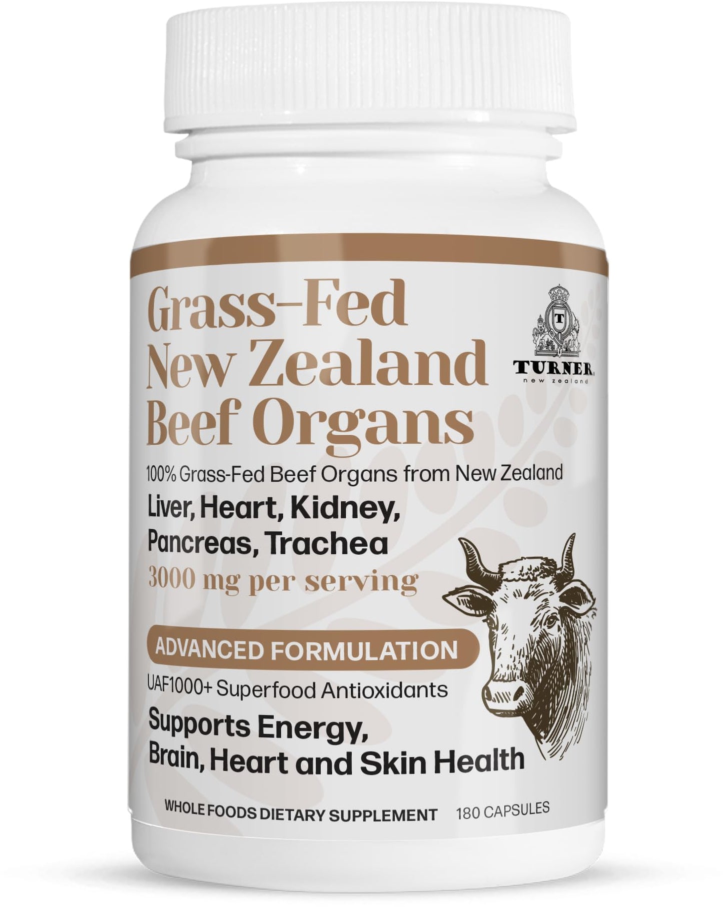 TURNER New Zealand 100% Live-Grass-Fed Beef Organs Complex Capsules, 180 Capsules