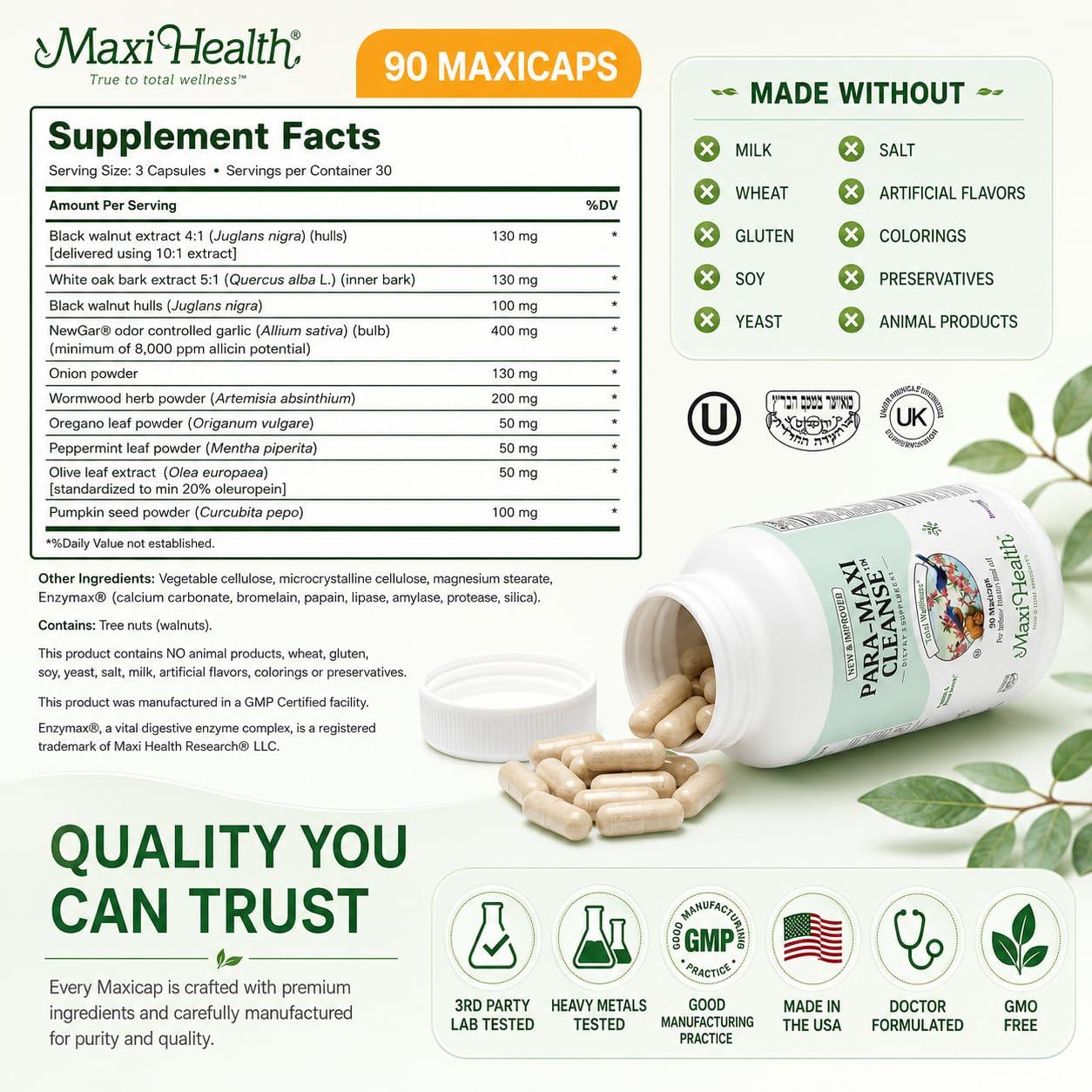 Maxi Health 10-in-1 Wormwood Black Walnut Clove Cleanse for Humans Capsules 90 Count