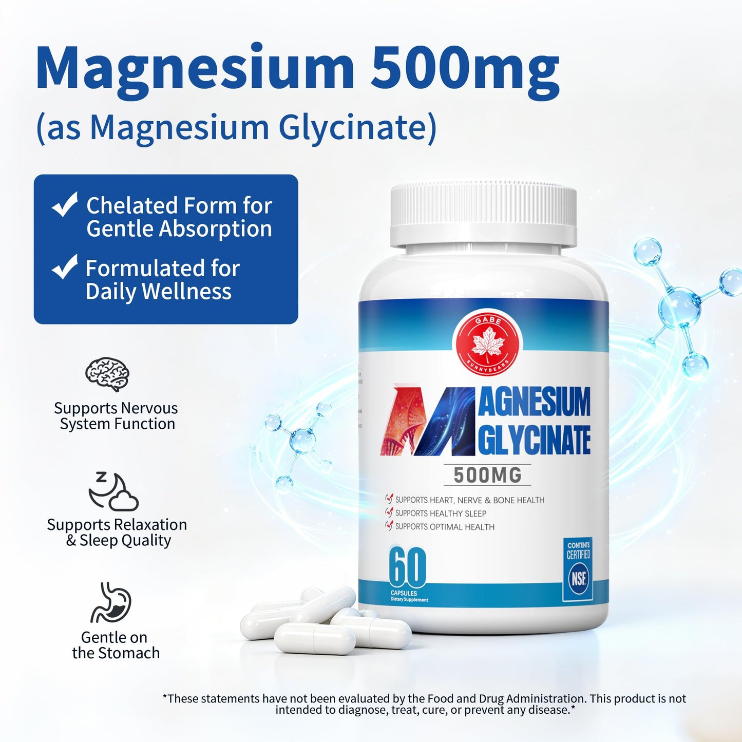GABE SUNNYBEARS Magnesium Glycinate 500mg Capsule, 60 Count