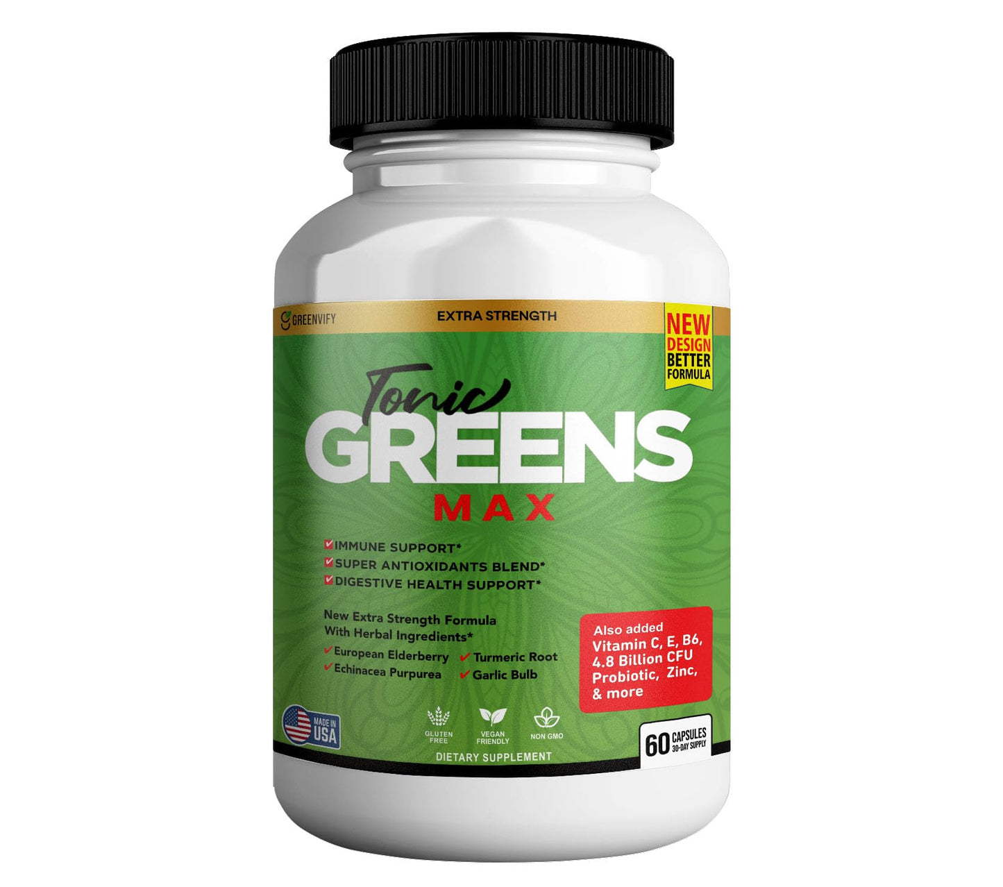 GREENVIFY Tonic Greens Max Extra Strength Immune Support Supplement, 60 Capsules