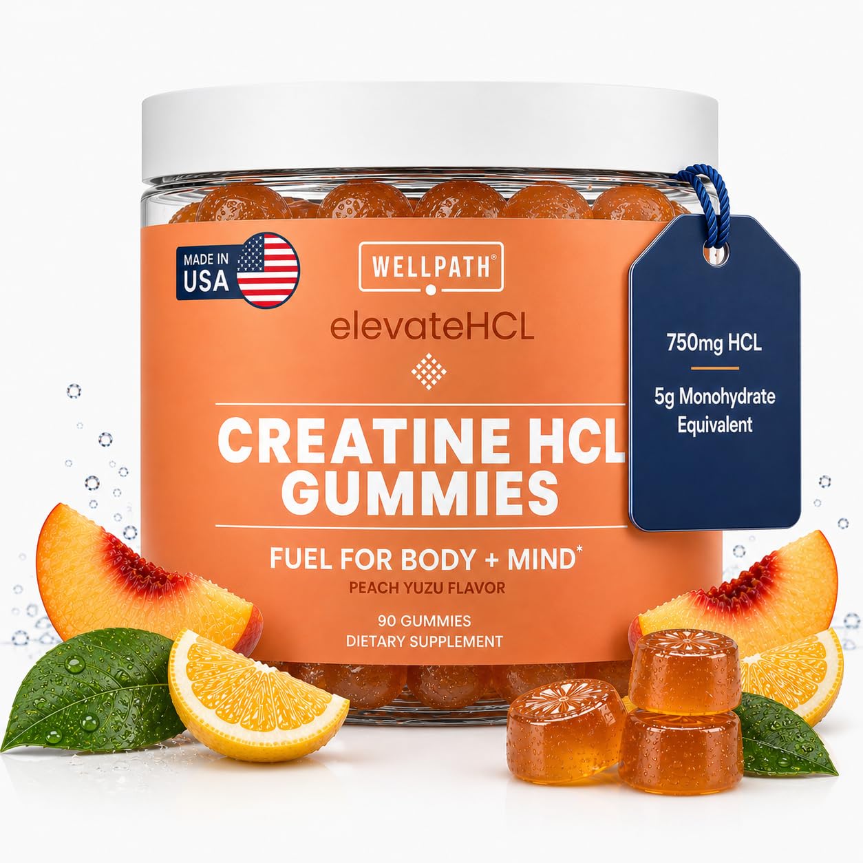 WellPath Creatine HCl Gummies 750mg – Chewable Creatine Gummies for Women and Men – 5g Monohydrate Equivalent – Peach Yuzu Tart Flavor, Real Sugar – Non-GMO, 90 Gummies
