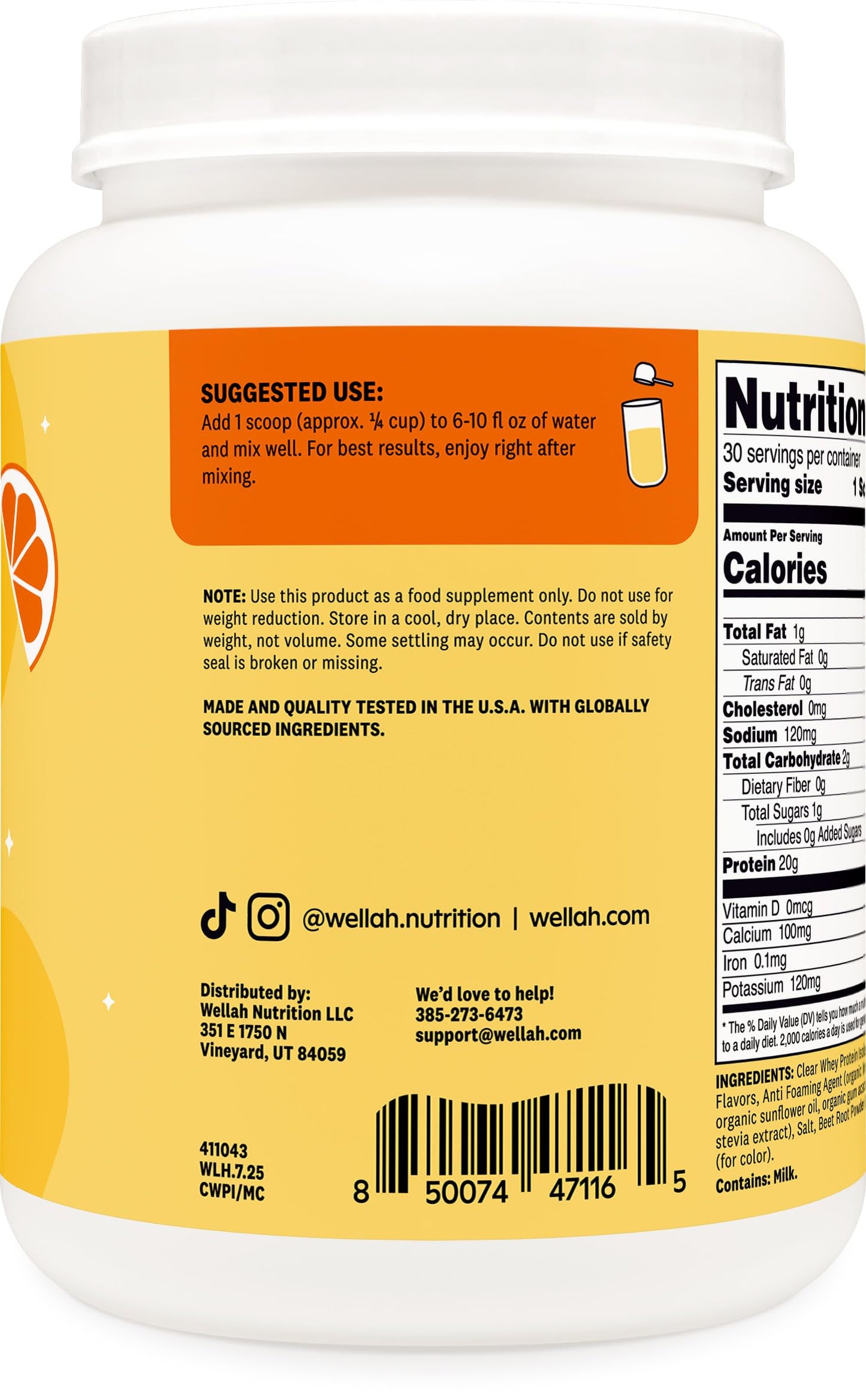 Wellah Clear Whey Protein Isolate Powder (Mango Clementine), 1.79 Pound (Pack of 1)