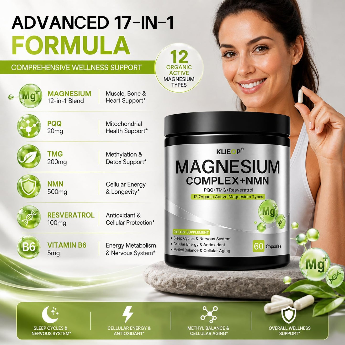 Klieop Magnesium Complex Supplement for Women and Men 17-in-1 with NMN, TMG, Resveratrol, PQQ & Vitamin B6, Sleep & Relaxation, Nervous System, NAD+ Level & Cellular Energy Support, Capsules, 60 Count
