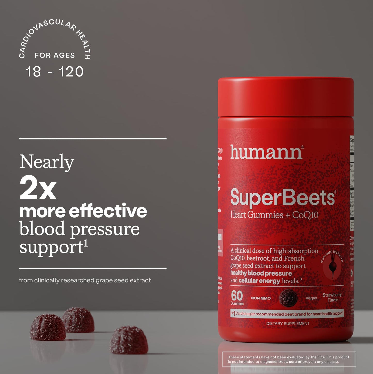 HumanN SuperBeets 3-in-1 Heart Gummies + 3X Absorption 150mg CoQ10, 60 Count