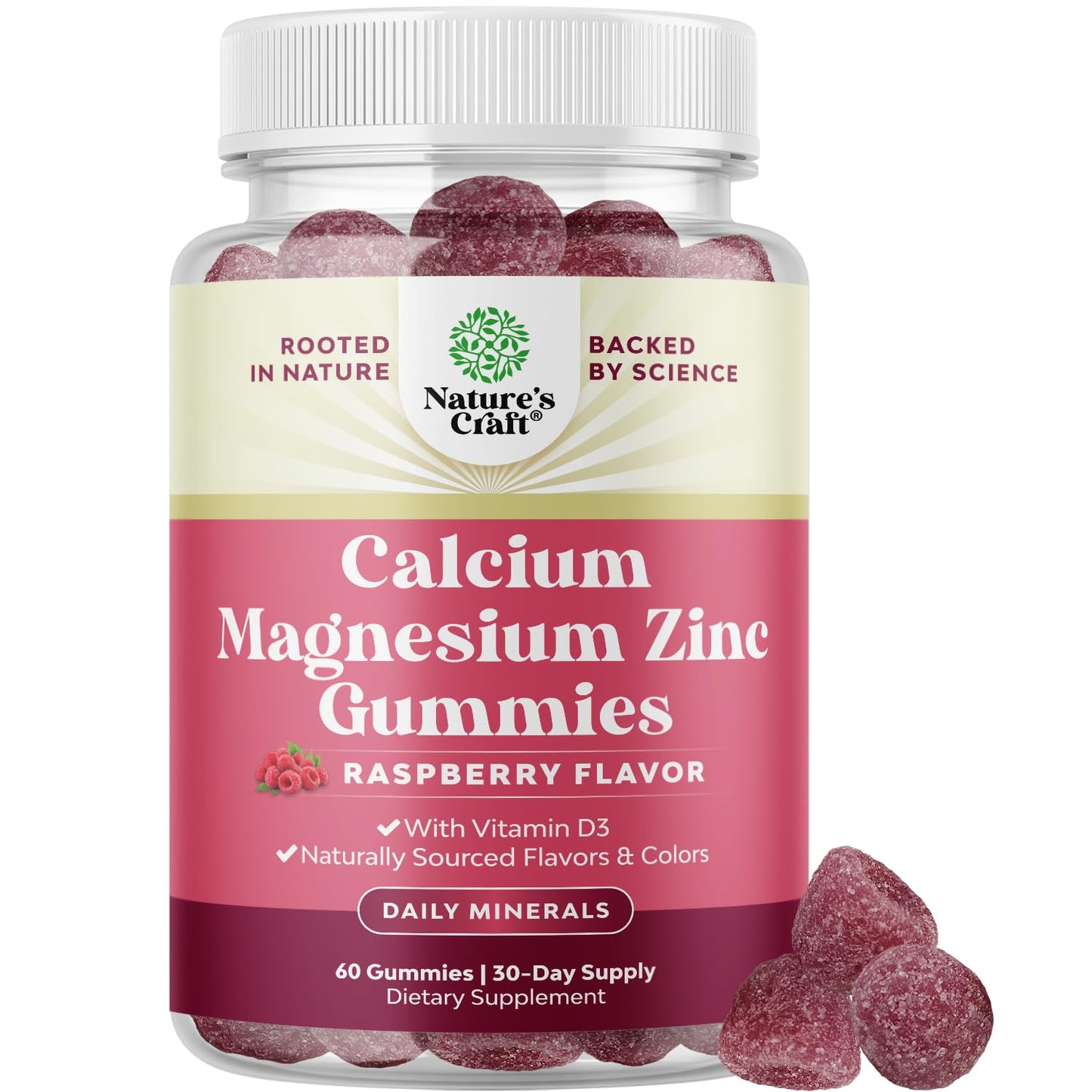 Natures Craft Calcium Magnesium Zinc Gummies with Vitamin D3 for Teeth and Bone Health, 60 Count