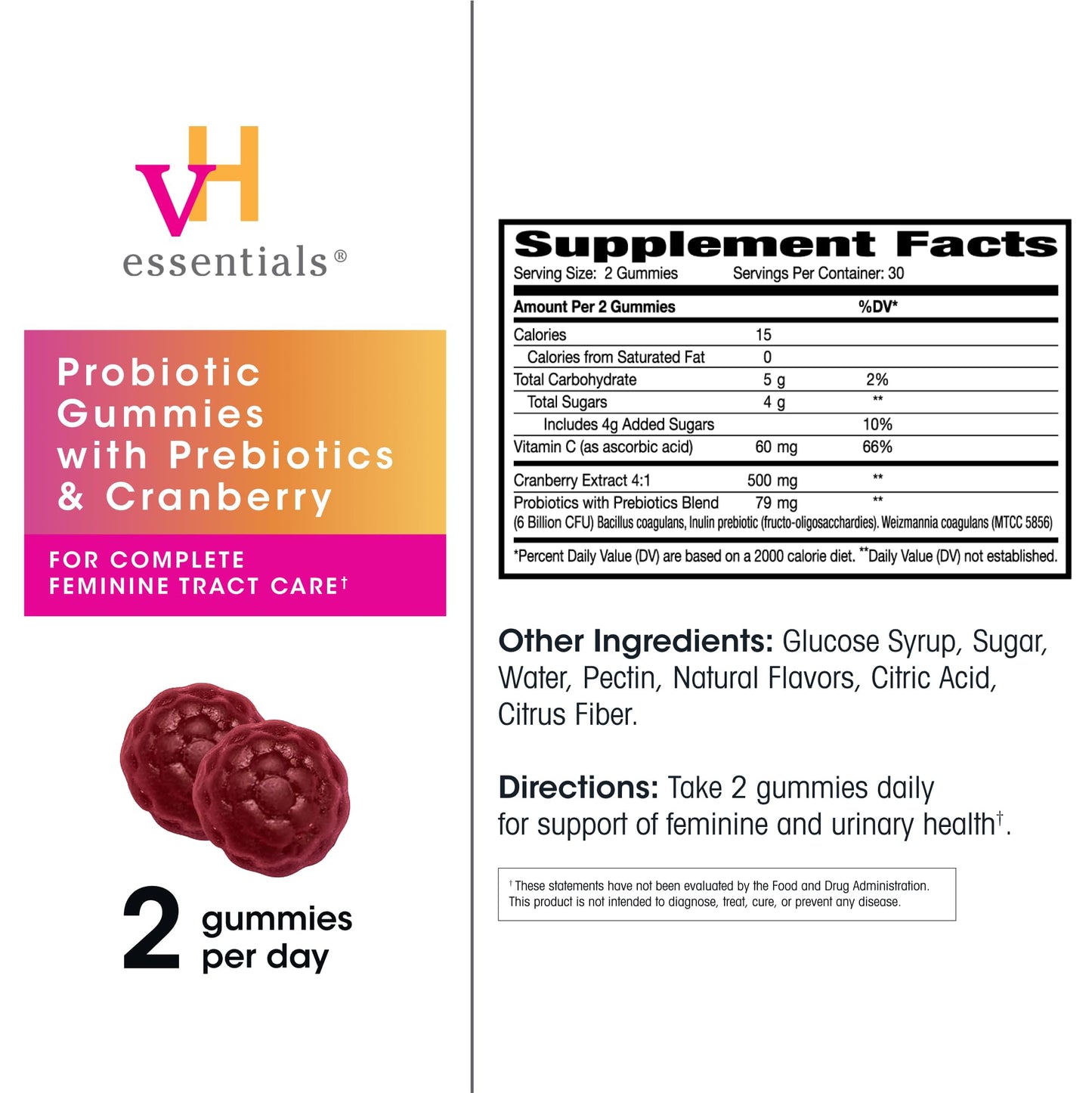 vH essentials Probiotic Gummies with Prebiotics & Cranberry for Urinary Tract Health, Supports Vaginal Microflora Balance, 120 Gummies