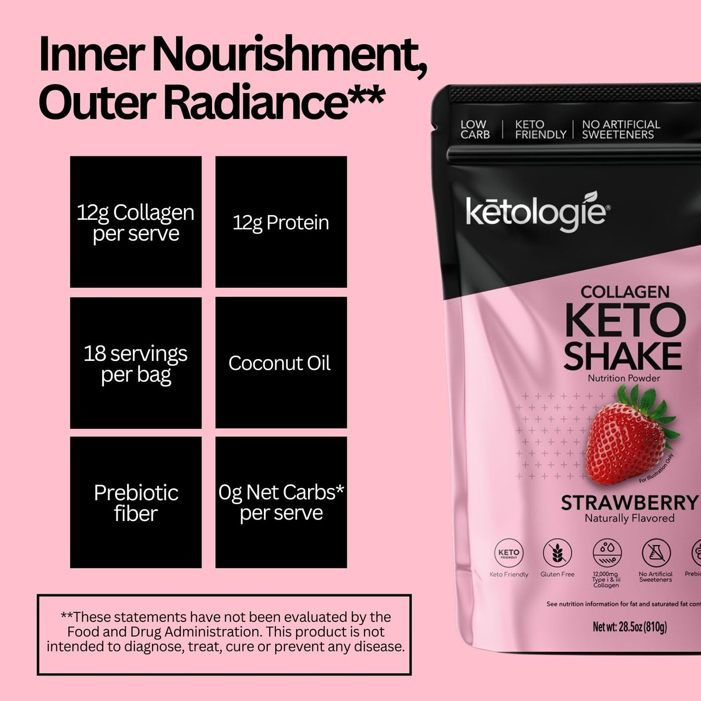 Ketologie Keto Collagen Shake Powder Strawberry 28.5
