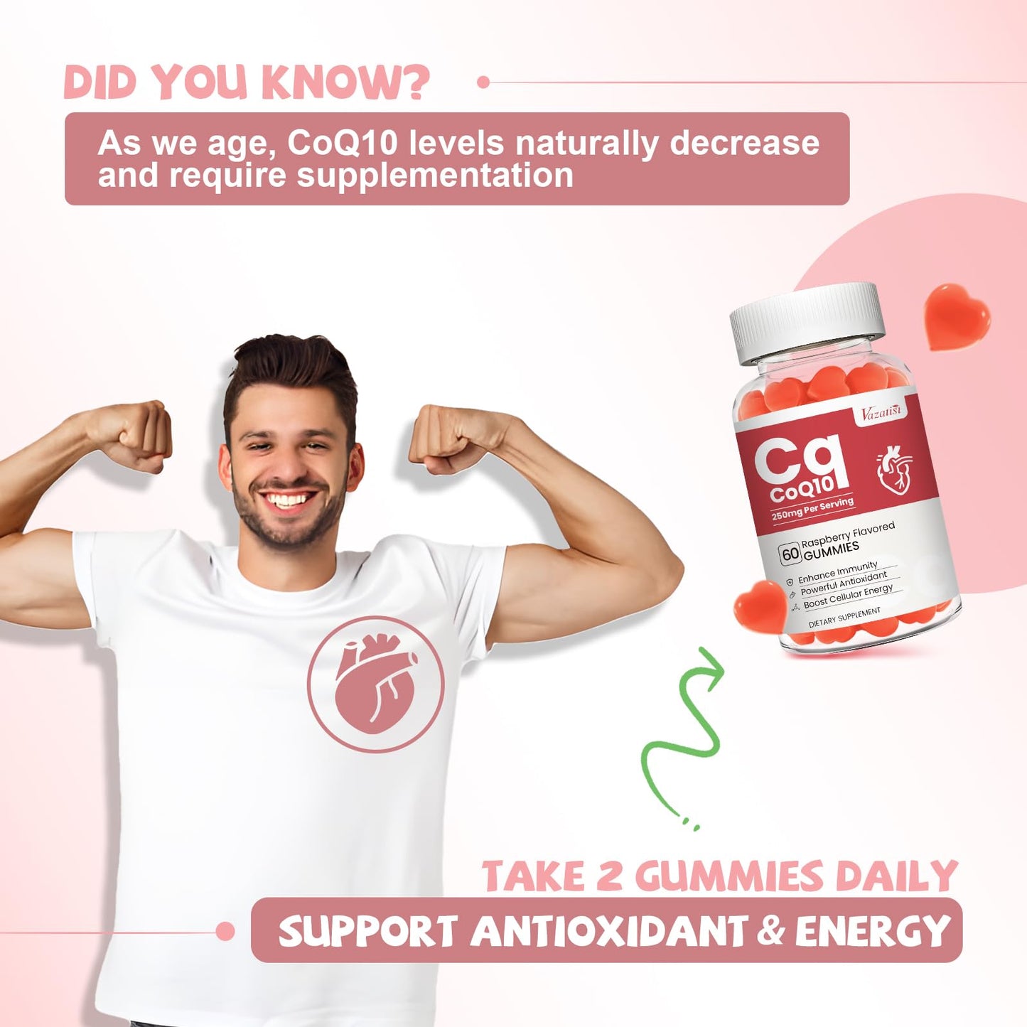 Vazatisi CoQ10 Gummies 250 mg with Omega-3 & Vitamin B3, Raspberry Flavor, 60 Count