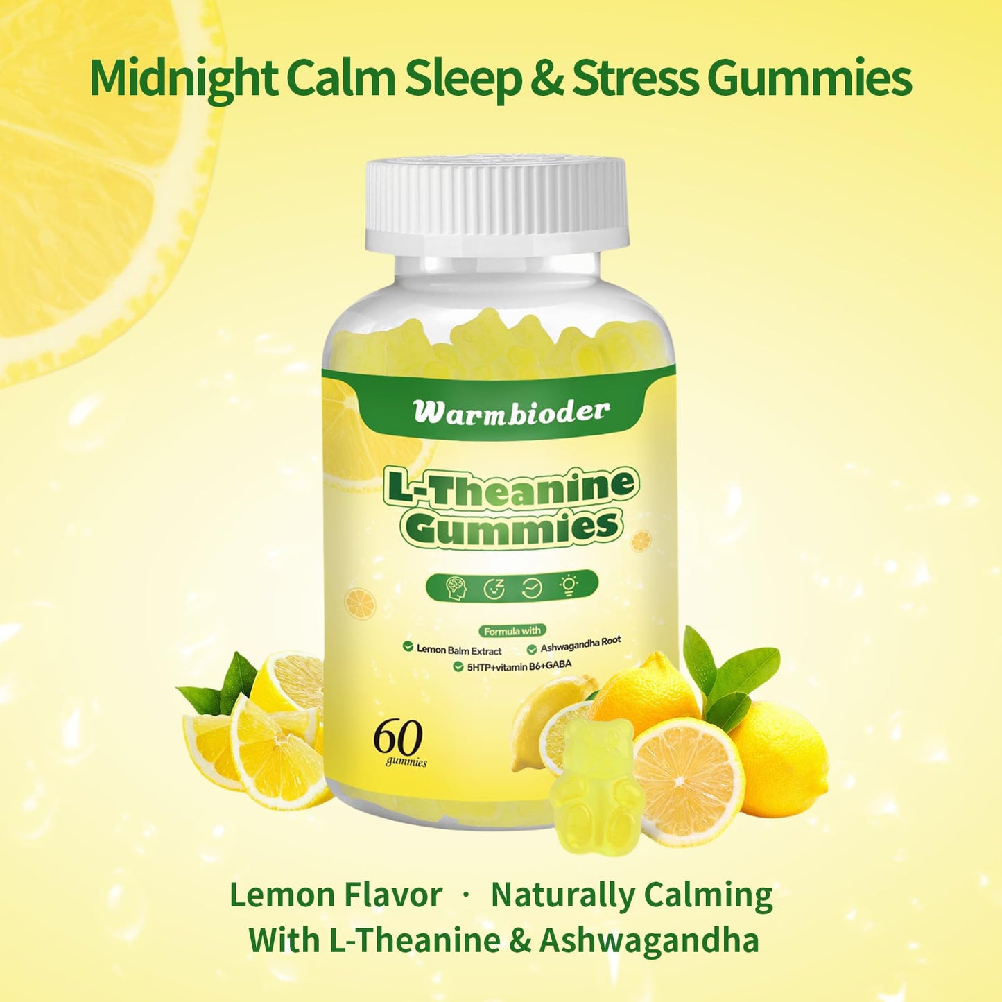 Warmbioder L-Theanine Gummies with Ashwagandha, GABA & 5-HTP, Lemon Flavor, 60 Gummies