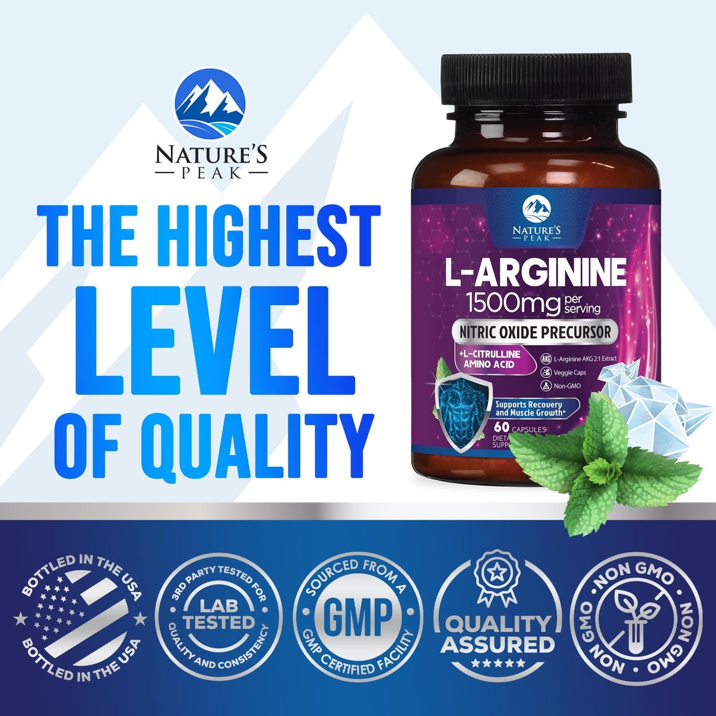 Nature's Peak L-Arginine Complex Extra Strength Nitric Oxide Booster Supplement Premium Energy Blend for Natural Heart Health & Muscle Support Non-GMO 60 Capsules