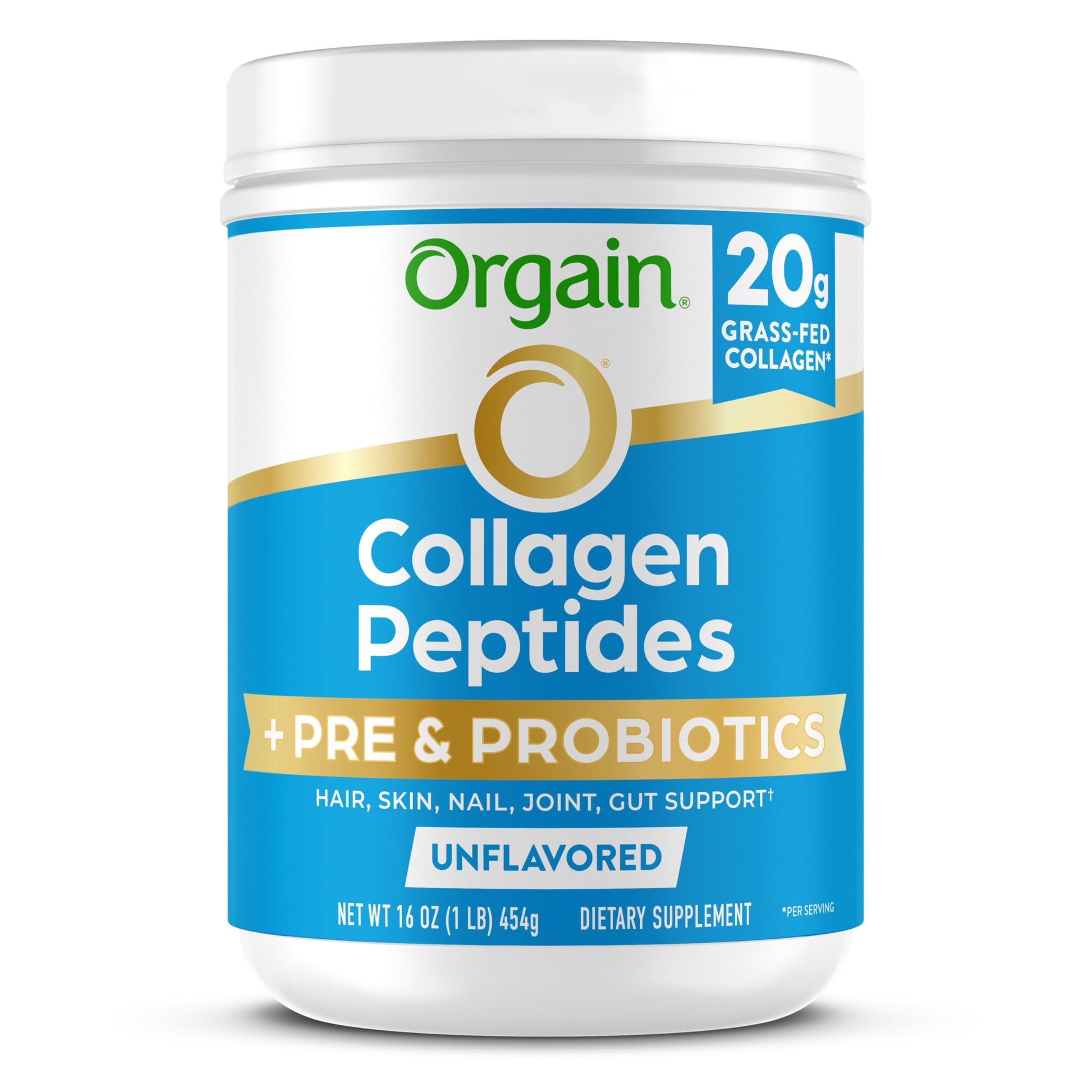 Orgain Hydrolyzed Collagen Peptides + Prebiotic & Probiotics Powder for Women & Men, 20g Grass Fed Collagen, 1 Billion CFU - Supports Digestive, Hair, Skin & Joint Health, Non-GMO, Type I & III, 16 oz