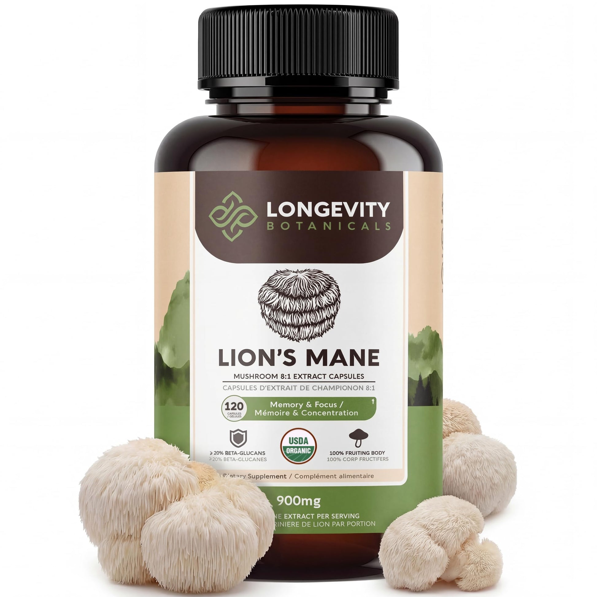 Longevity Botanicals Organic Lion's Mane Mushroom Capsules, 120 Count