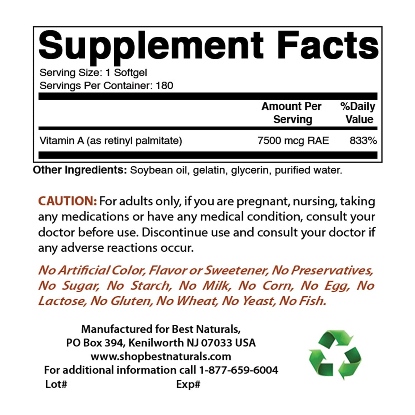 Best Naturals Vitamin A 25000 IU (7500 mcg) Softgels 180
