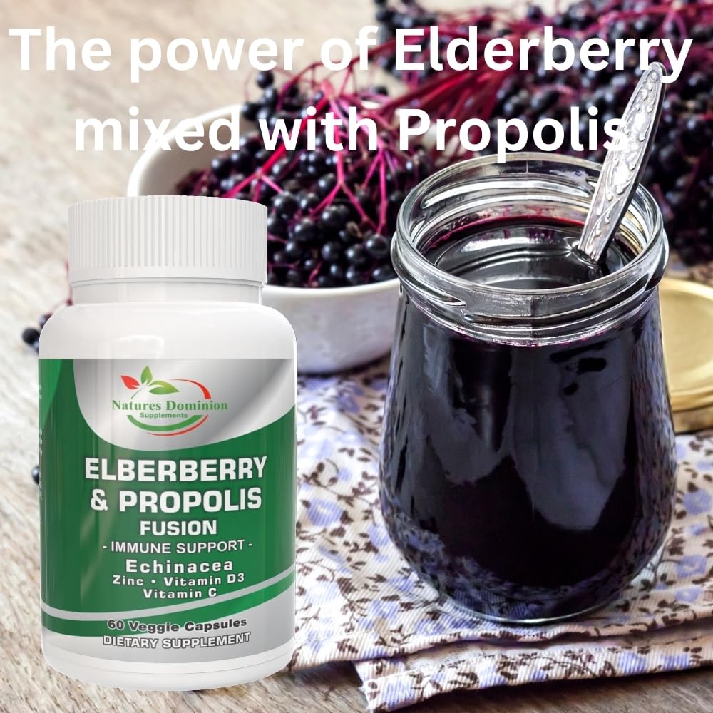 Natures Dominion Supplements Propolis Organic Elderberry Extract with Echinacea, Vitamin D3, Vitamin C and Zinc Capsule 60 Count