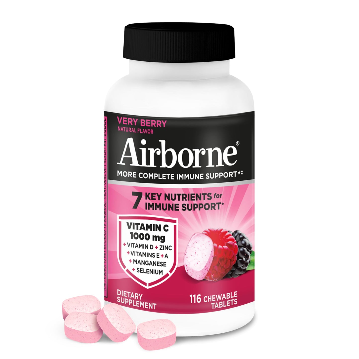 Airborne 1000mg Vitamin C + Zinc Immune Support Chewable Tablets, Berry Flavor, 116 Count