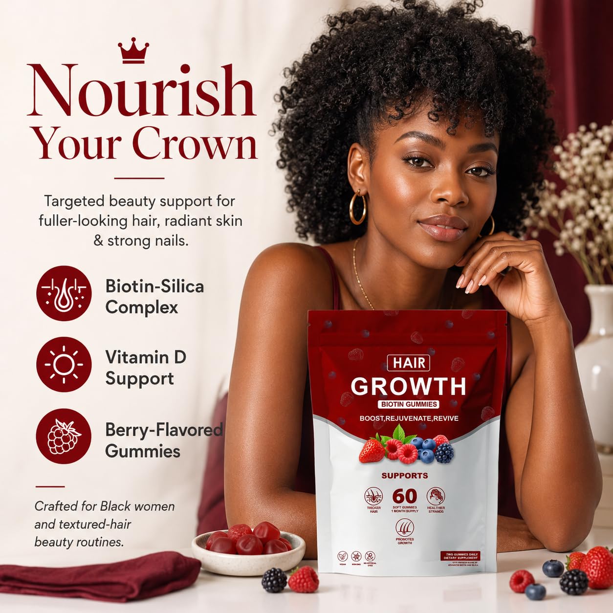 SUUDUUL Hair Growth Gummies for Black Women with Biotin-Silica Complex (5000mcg Biotin) & Vitamin D (30mcg), Supports Hair, Skin & Nails Health, Non-GMO, 60 Gummies