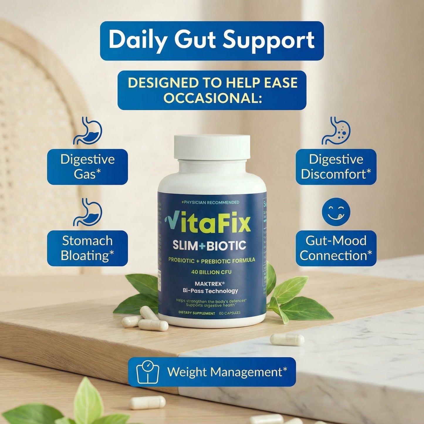VitaFix Synbiotic Probiotic & Prebiotic Slimbiotic - 40 Billion CFU with MAKTREK Bi-Pass Tech Capsules, 60 Count