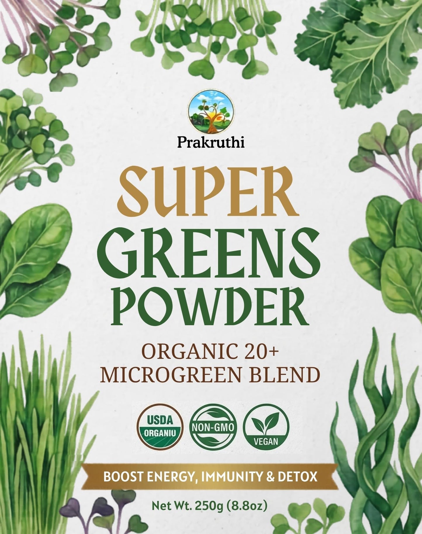 Prakruthi Super Greens Powder 8.8 oz Organic 20+ Microgreen Powder