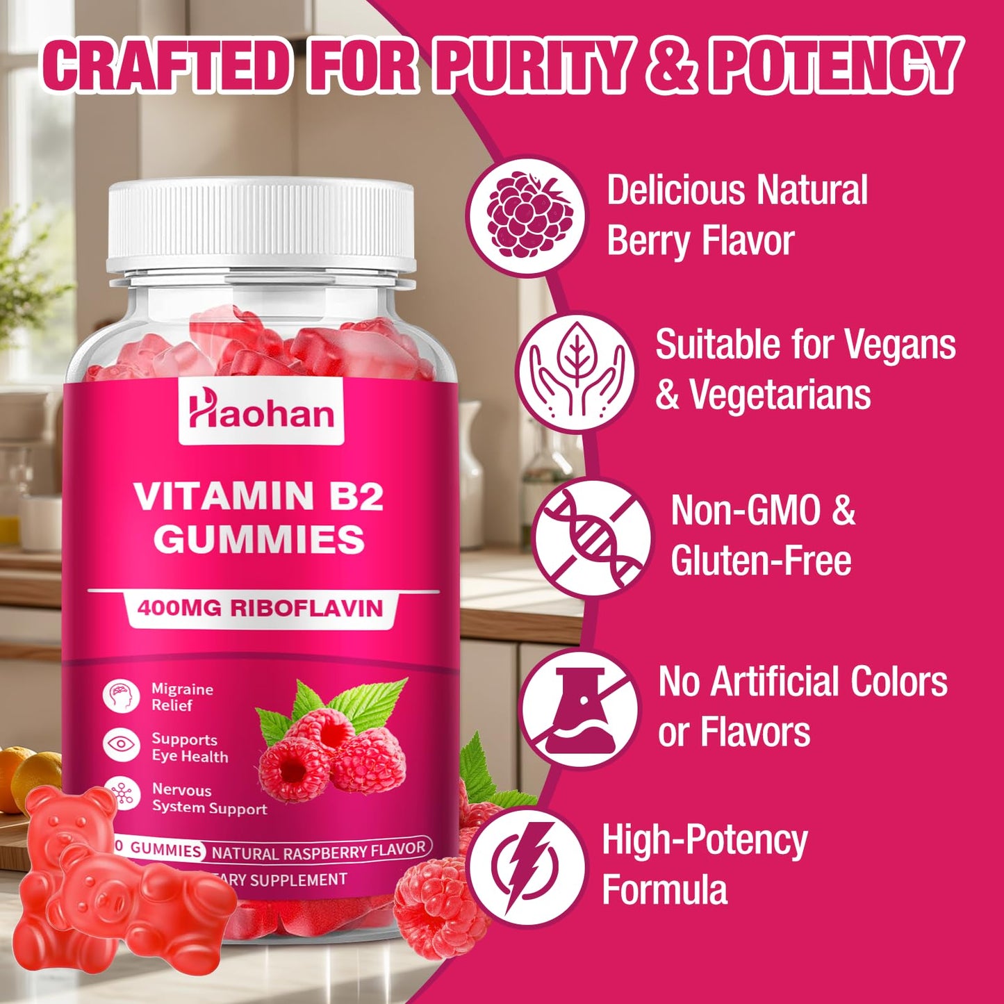 Haohan Vitamin B2 400mg with Magnesium Gummies, 60 Count