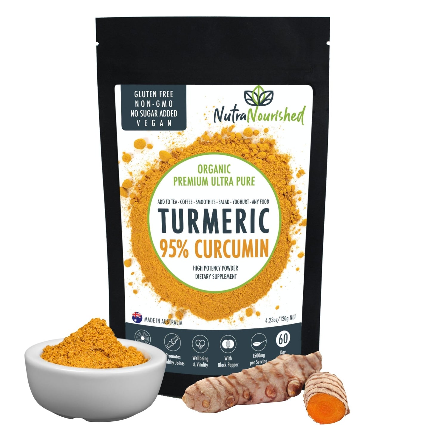 Nutra Nourished Organic Turmeric Curcumin Powder – 95% Curcuminoids (1500mg per Serve) with Black Pepper, Vegan, Gluten-Free, Non-GMO – Made in Australia, 120g (4.23 oz)