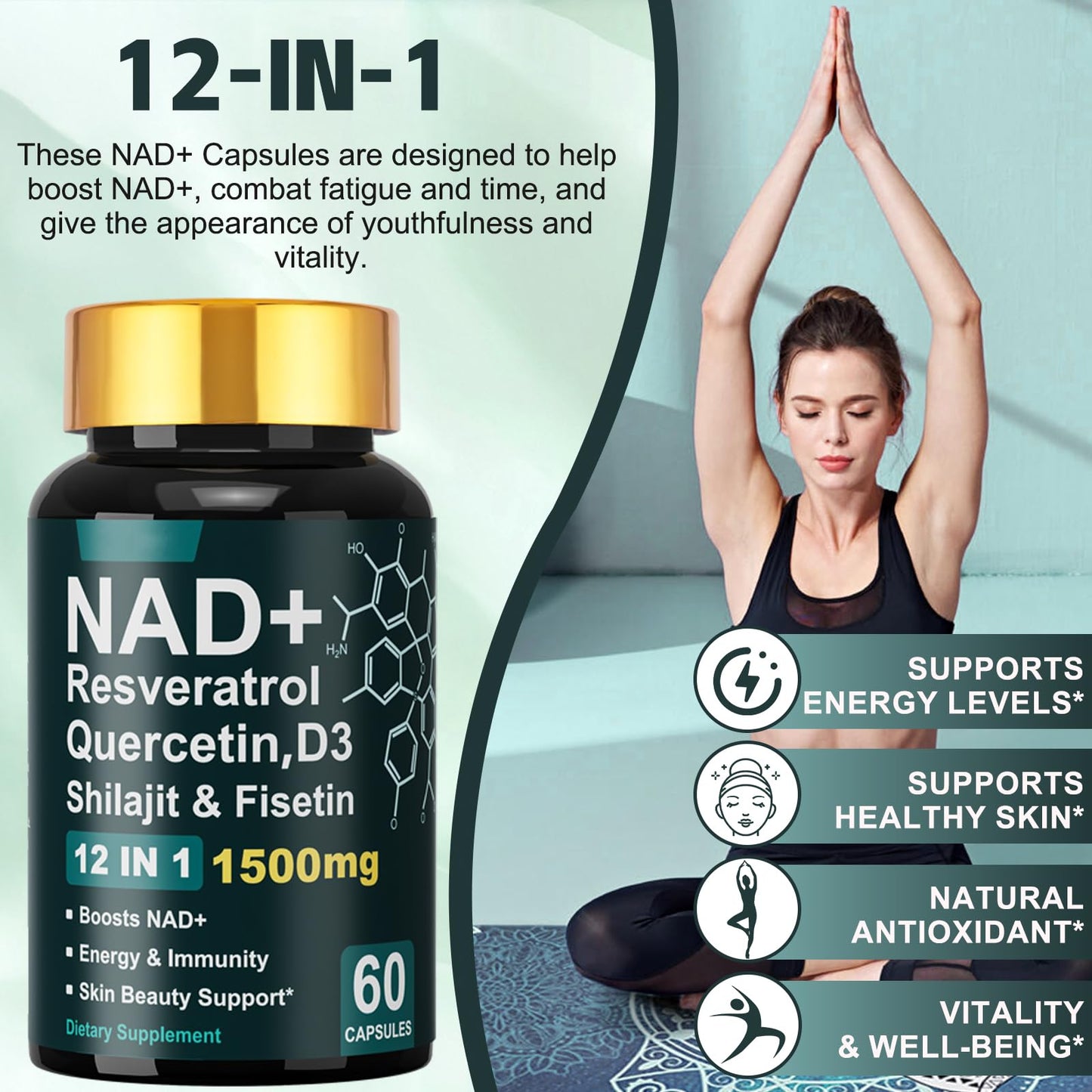 Dr. HR NAD+ Capsule 1500mg with Resveratrol, Vitamin D3, Quercetin & Fisetin – Supports Energy, Skin Health, Vitality & Immunity, 60 Capsules
