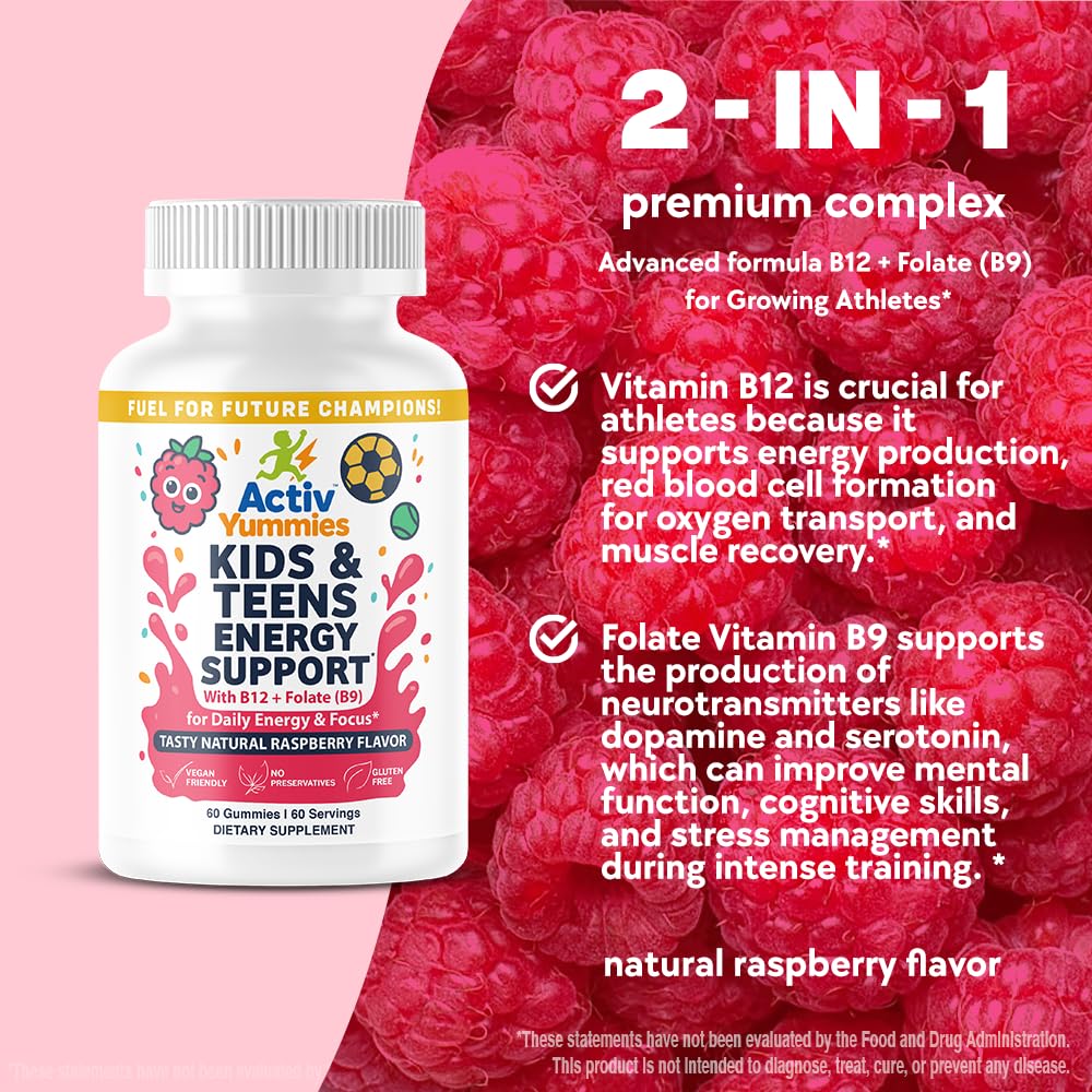 ActivYummies Kids & Teens Energy Support with Vitamin B12 + Folate (B9) - Supports Energy Production, Brain Function & Metabolism - Gummy, 60 Count