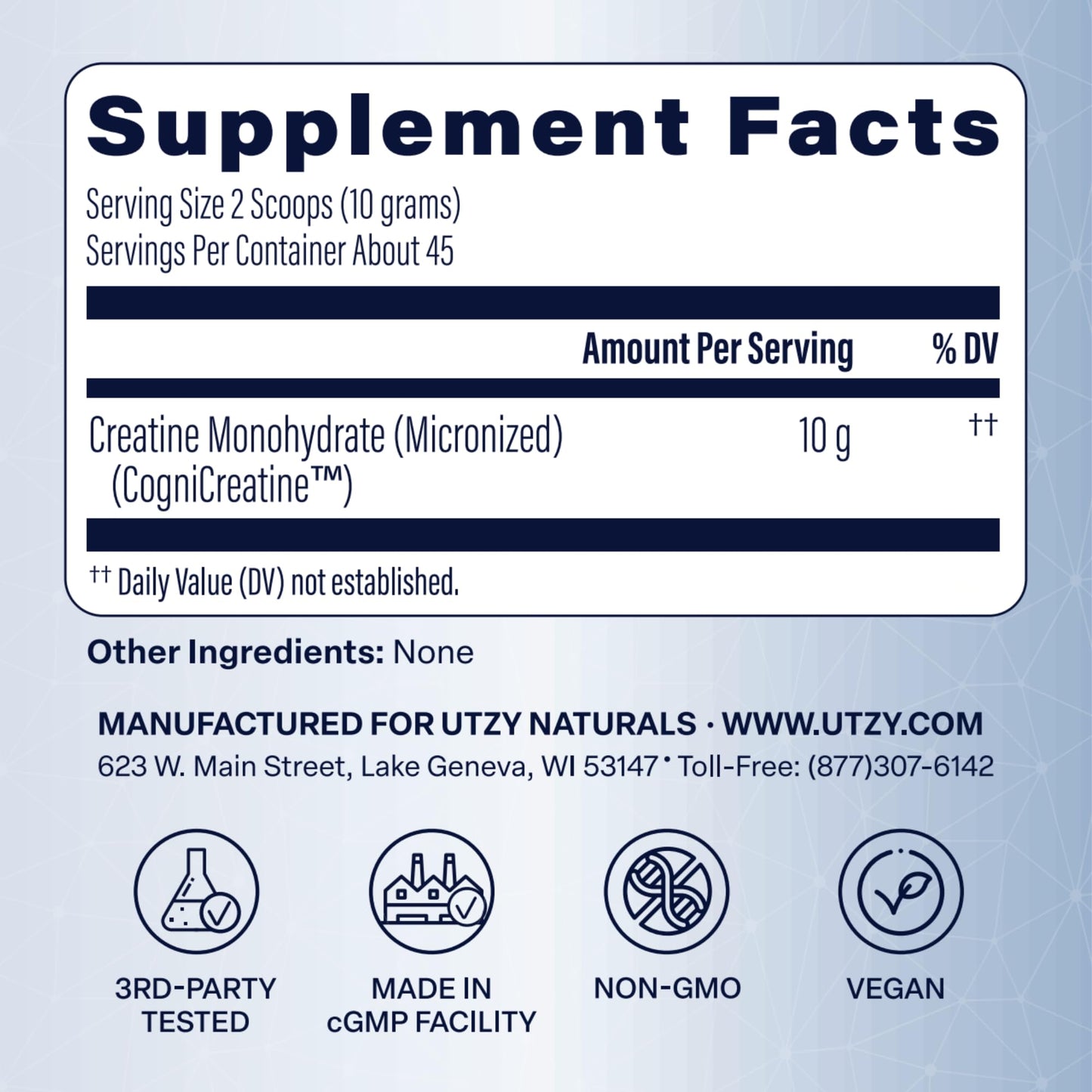 Utzy Naturals CreaBrainIQ High Dose Creatine Powder for Brain Health, 16 oz