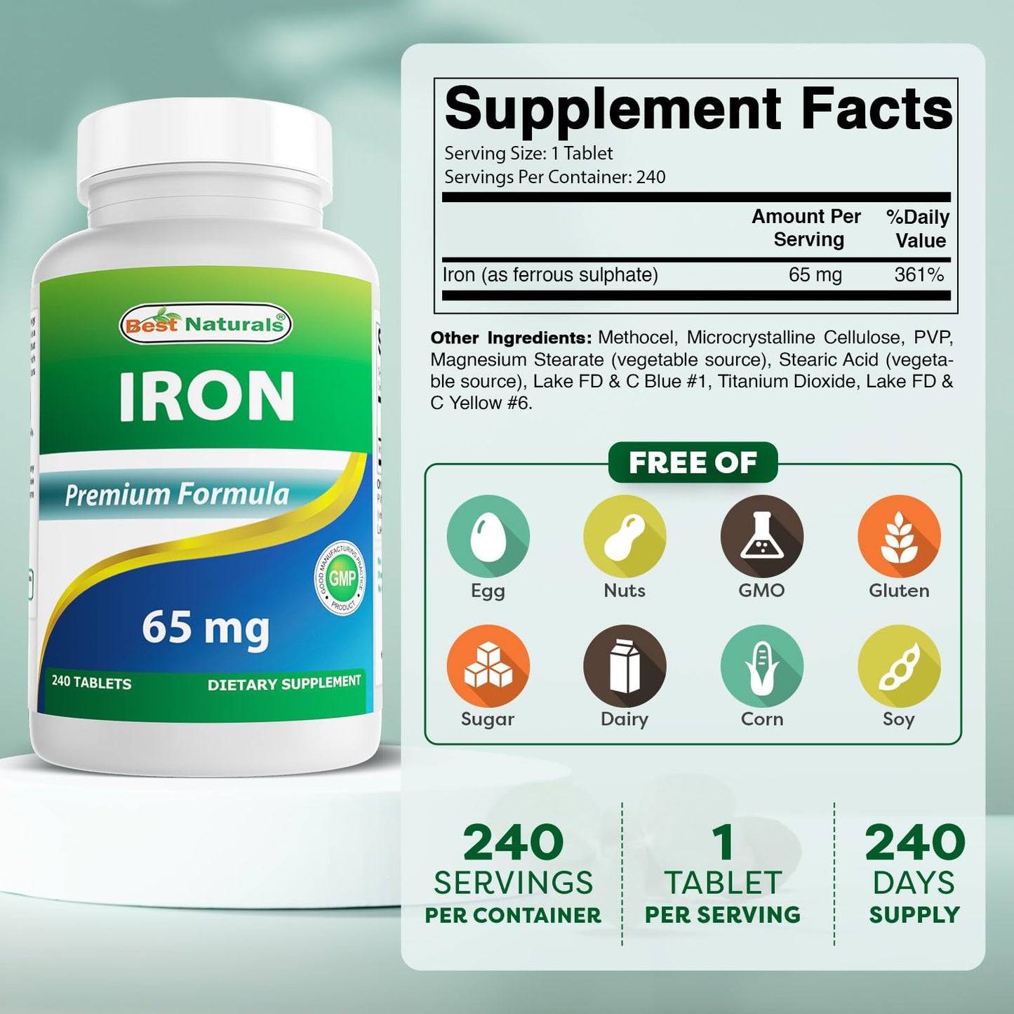 Best Naturals Iron Supplement 65 mg 240 Tablets