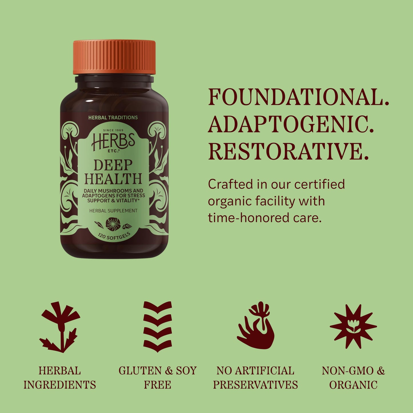 Herbs Etc. Deep Health Softgels Mushroom Complex for Vitality & Immune Support - Reishi, Shiitake & Rhodiola Root - Gluten-Free & Organic, 120 Softgels