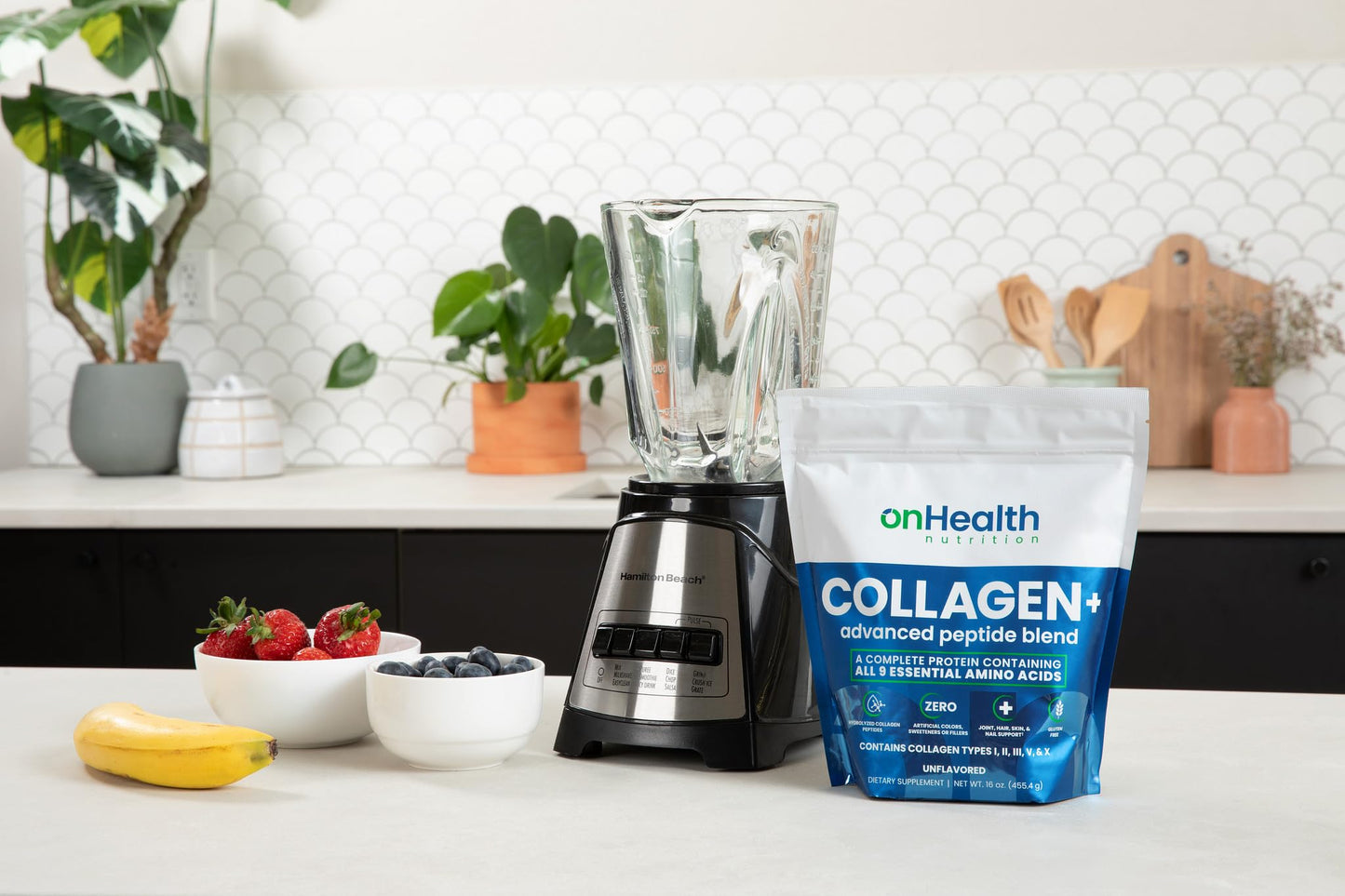 onHealth Nutrition Multi Collagen Peptide Powder (Types I, II, III, V & X) with All 9 Essential Amino Acids, Biotin, Hyaluronic Acid & Vitamin C, Unflavored, 16 oz