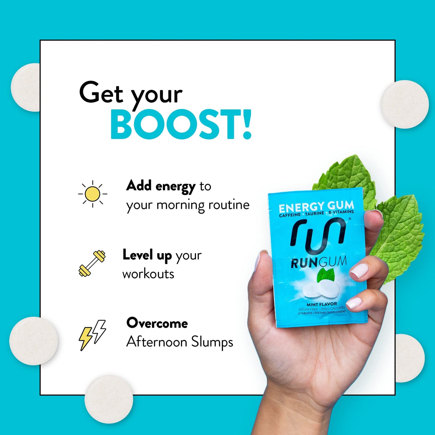 Run Gum Mint Flavor Caffeinated Energy & Focus Gum Chewable, 24 Pieces