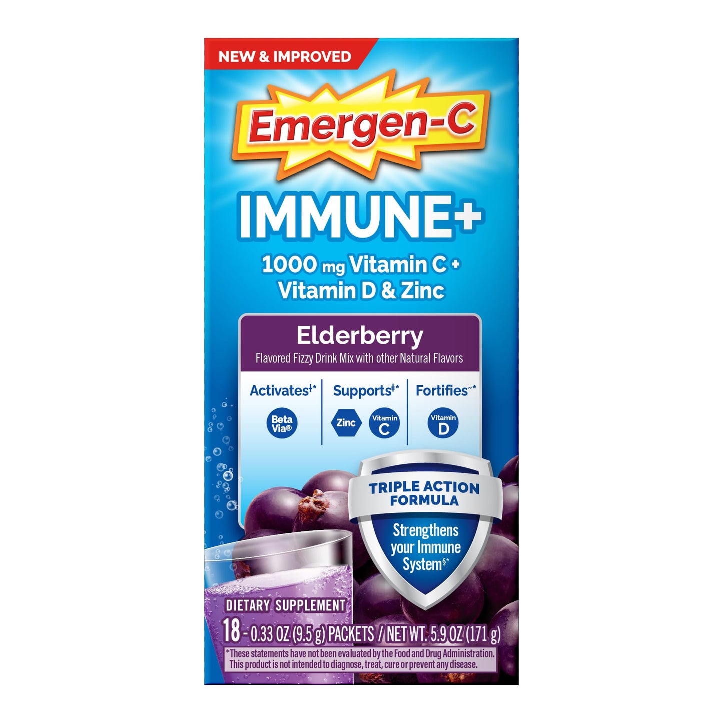 Emergen-C Immune+ Triple Action Immune Support Powder, Elderberry, 18 Count