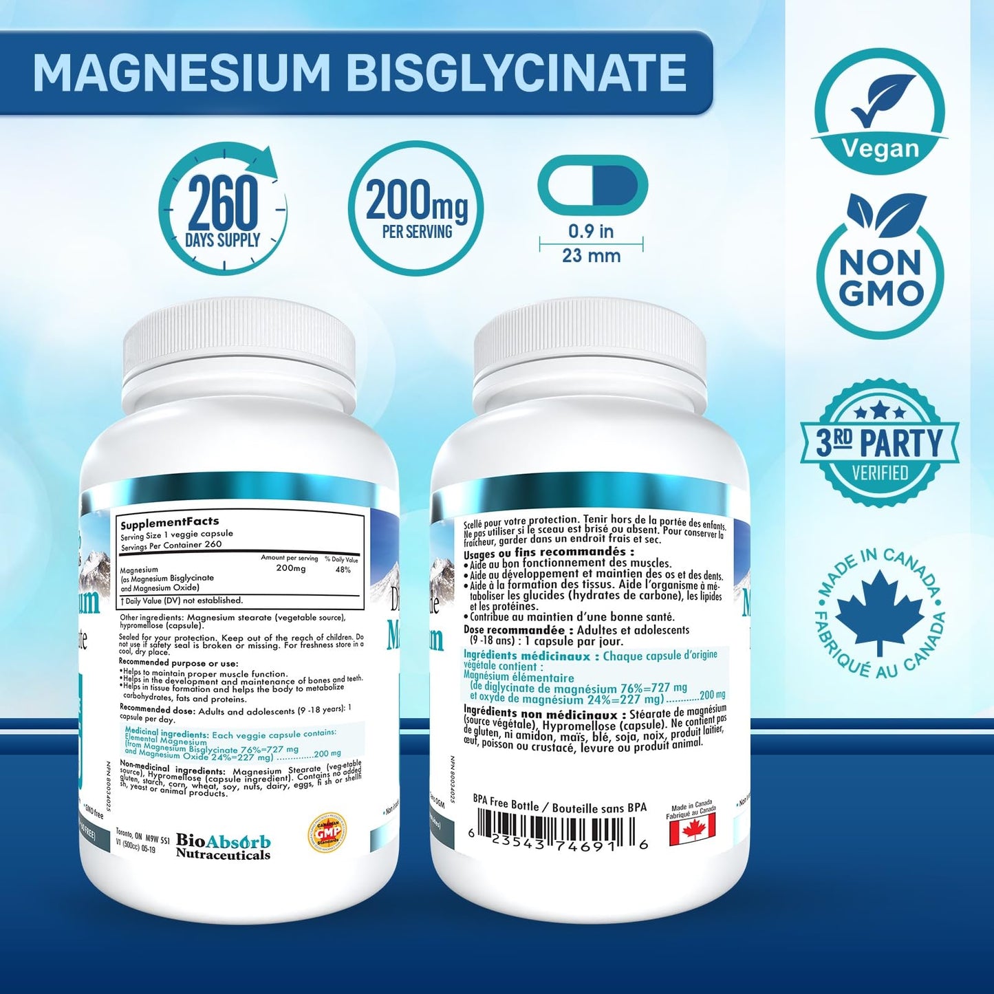 Bio Absorb Nutraceuticals Magnesium Glycinate 200mg, 260 Capsules