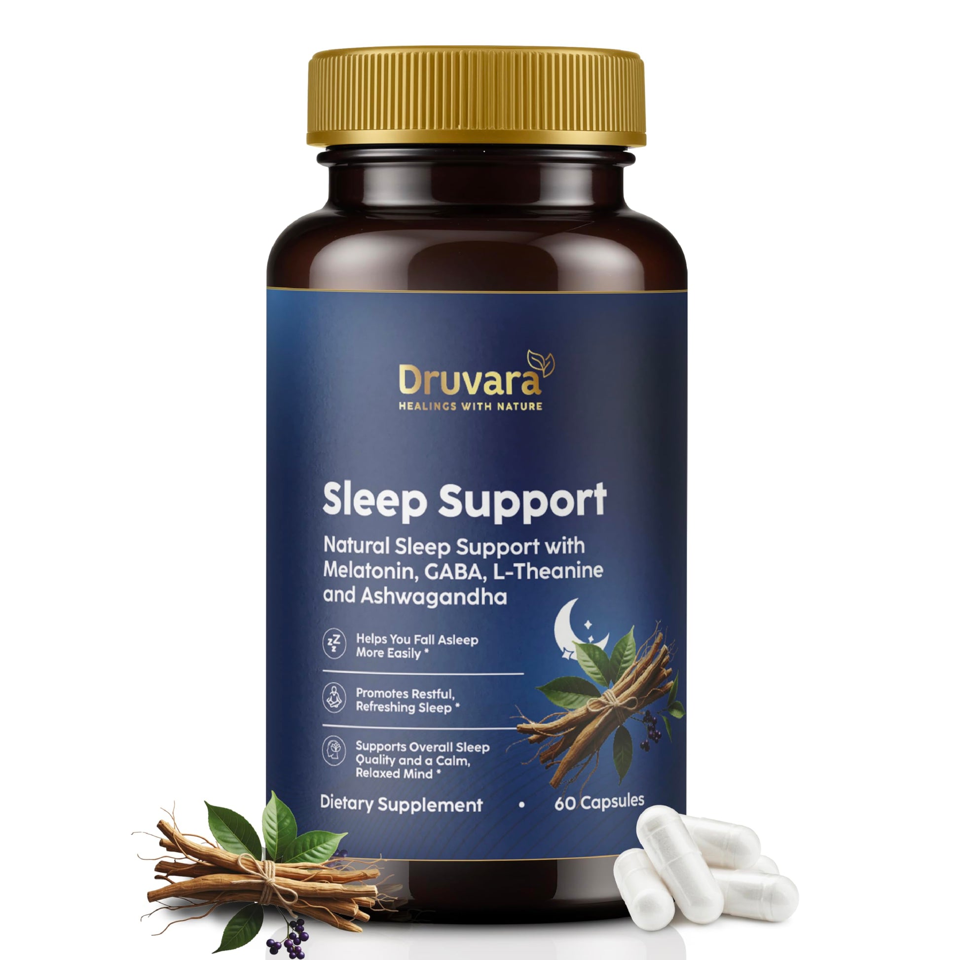 Druvara Natural Sleep Aid for Adults with Melatonin, GABA, L-Theanine & Ashwagandha, 60 Capsules