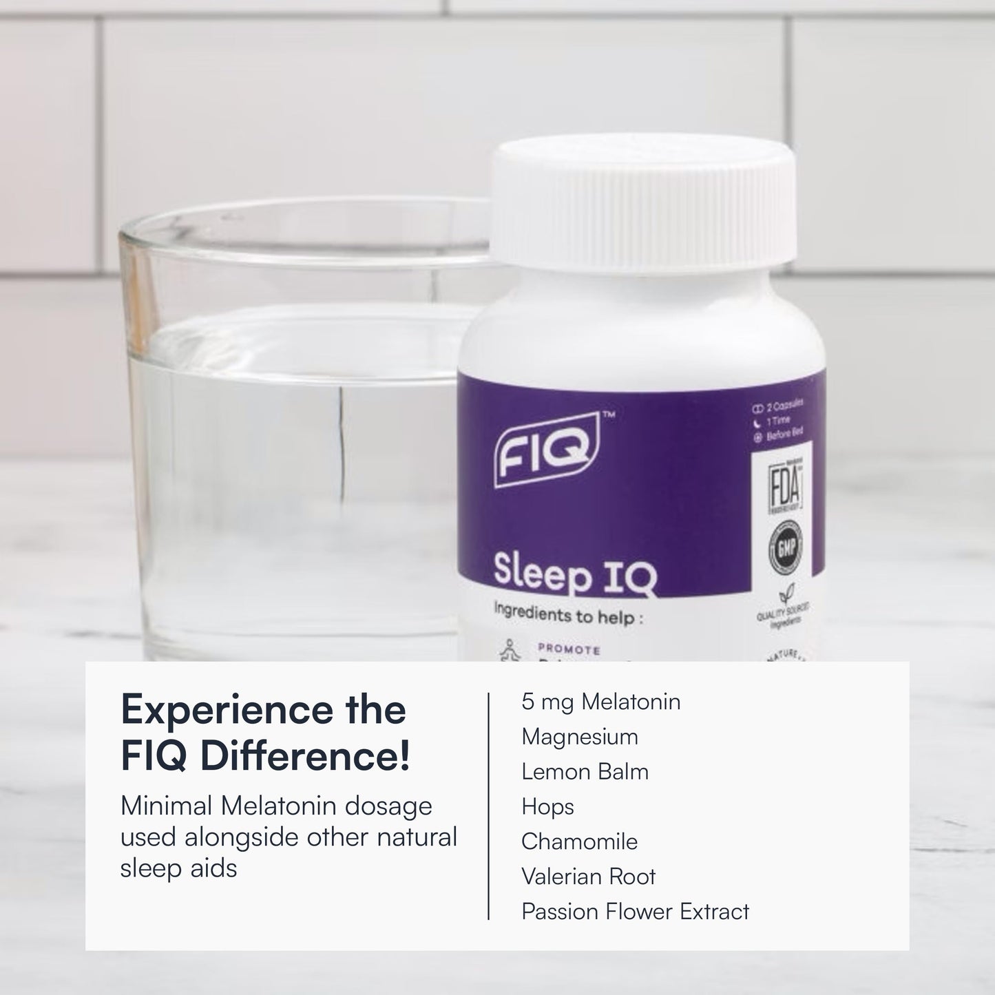 FIQ Sleep IQ Sleep Aid Magnesium Supplement with 5 mg Melatonin, Lemon Balm, & Valerian Root 60 Capsules