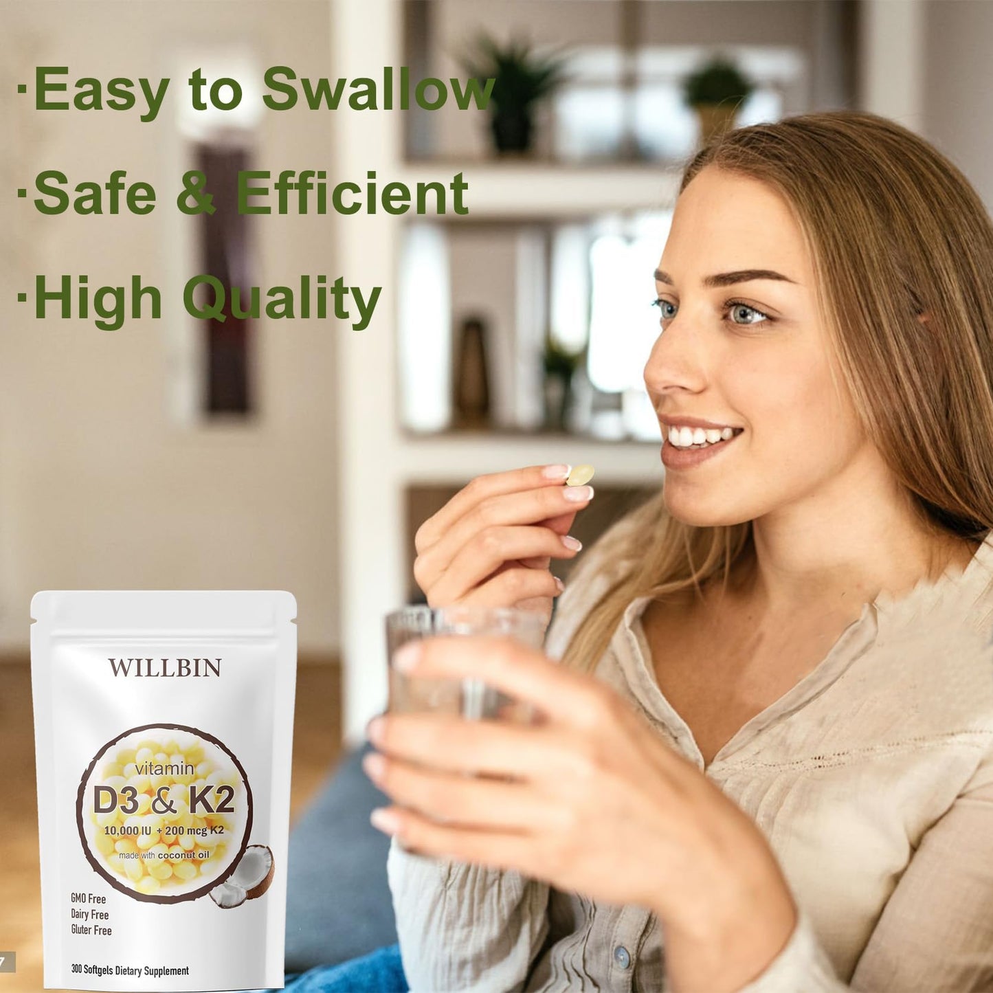 Willbin Vitamin D3 10000 IU Plus K2 (MK-7) 200 mcg Softgels, 300 Count