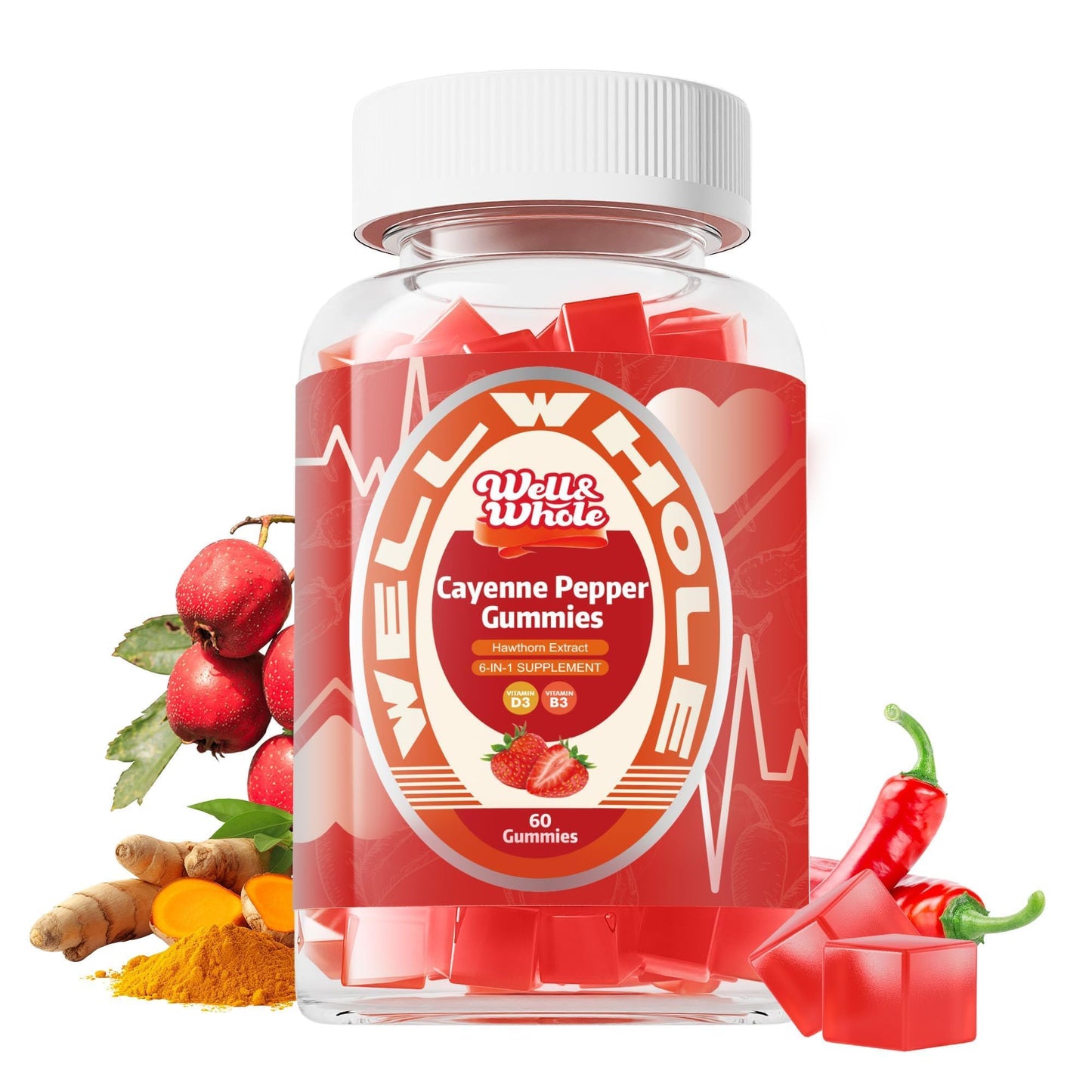 Well&Whole Cayenne Pepper Extract Gummies with Hawthorn, CoQ10, Turmeric, Niacin and Vitamin D3 - Support for Cardiovascular Health, Energy and Vitality - Vegan & Non-GMO, 60 Gummies