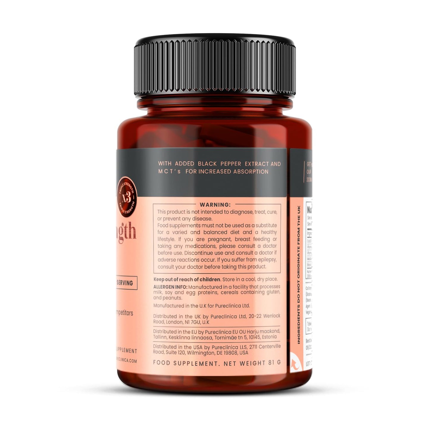 pureclinica Fermented CoQ10 300mg Tablets, 90 Count, with Added Vitamin C and Black Pepper Extract for Absorption