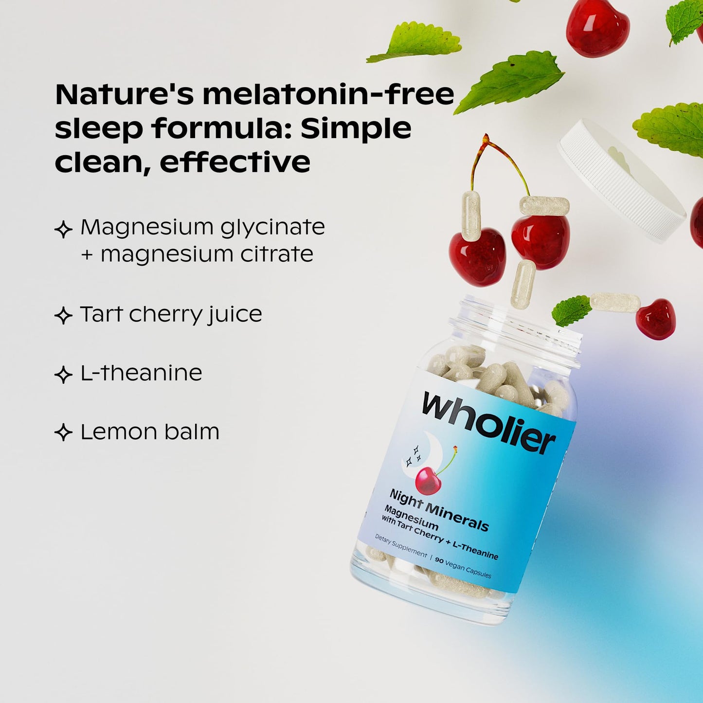 Wholier Night Minerals Magnesium Glycinate + Citrate with L-Theanine, Tart Cherry & Lemon Balm Natural Sleep Support, Melatonin-Free, Vegan, Gluten Free, Non-GMO, 60 Capsules