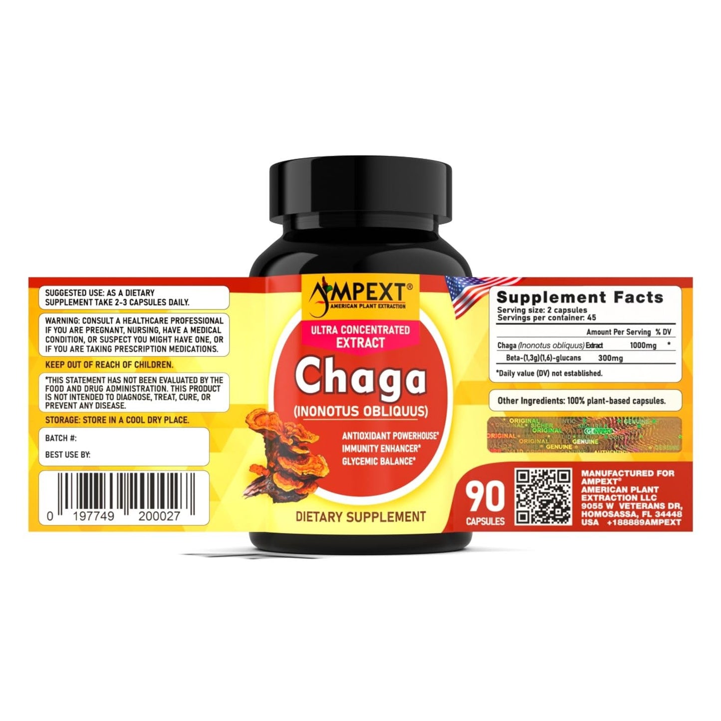 AMPEXT Chaga Premium Quality Fruiting Bodies Extract More Than 30% Beta-Glucans 90 Capsules