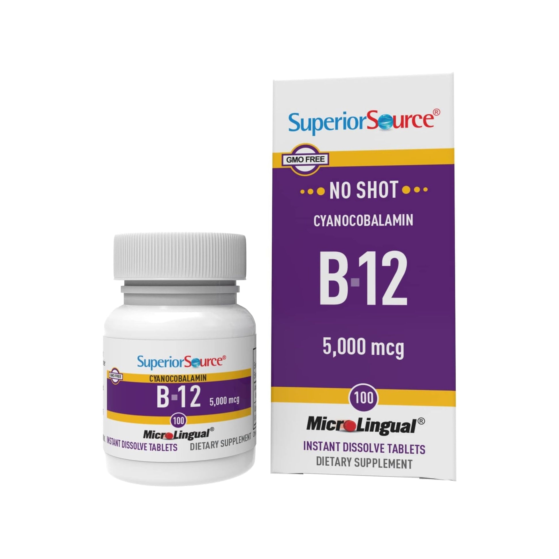 Superior Source No Shot Vitamin B-12 Cyanocobalamin 5000 mcg Tablets, 100 Count