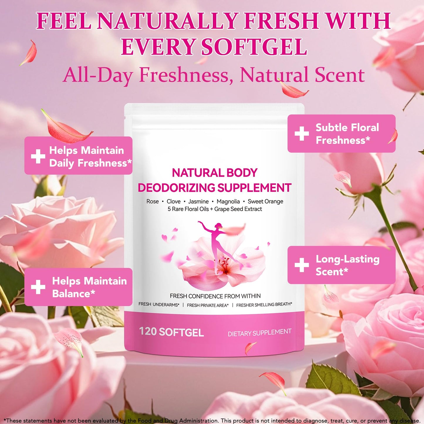 Chenyayun Internal Deodorant Supplement for Women Freshness, 5-In-1 Floral Essential Oil Blends, Antioxidant Softgels, 120 Count