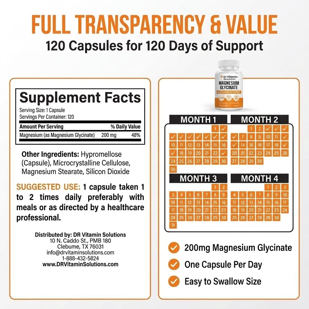 DR VITAMIN SOLUTIONS Magnesium Glycinate 200mg High Absorption Chelated Magnesium Supplement Capsules 120 Count