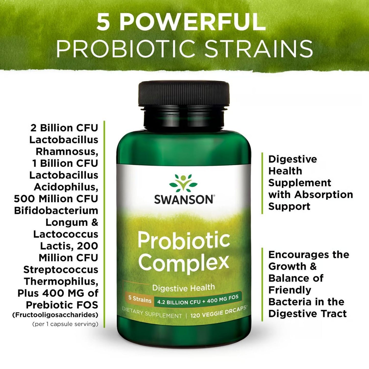 Swanson Probiotic Complex 4.2 Billion CFU 5-Strain Digestive Health Fat Metabolism Satiety Prebiotic FOS Complex Supplement Vegan Capsules, 120