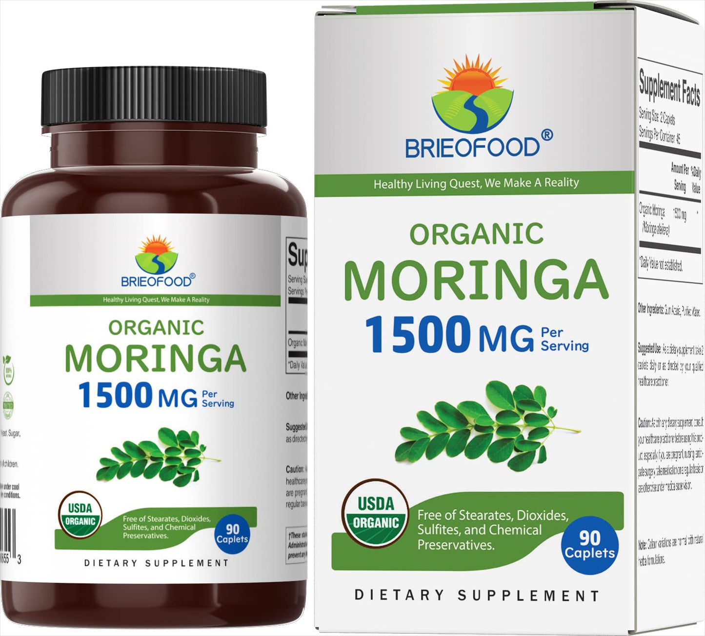 Brieofood Organic Moringa 1500mg Tablets, 90 Count