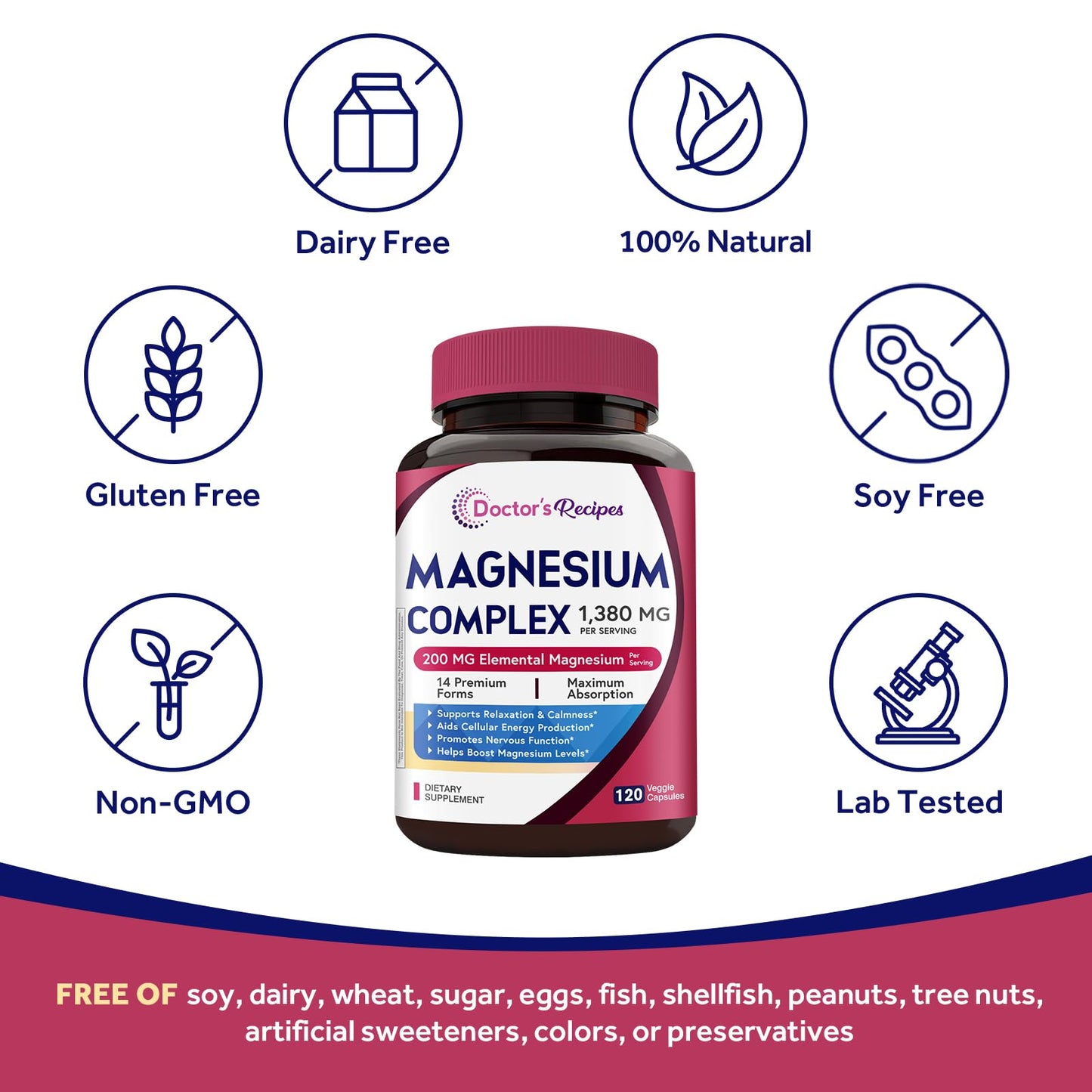 Doctor's Recipes Magnesium Complex 200 mg Elemental Magnesium, 14-in-1, Fully Chelated for Optimal Absorption, Relaxation, Calmness & Cellular Energy, Non-GMO, Vegan, 120 Capsules