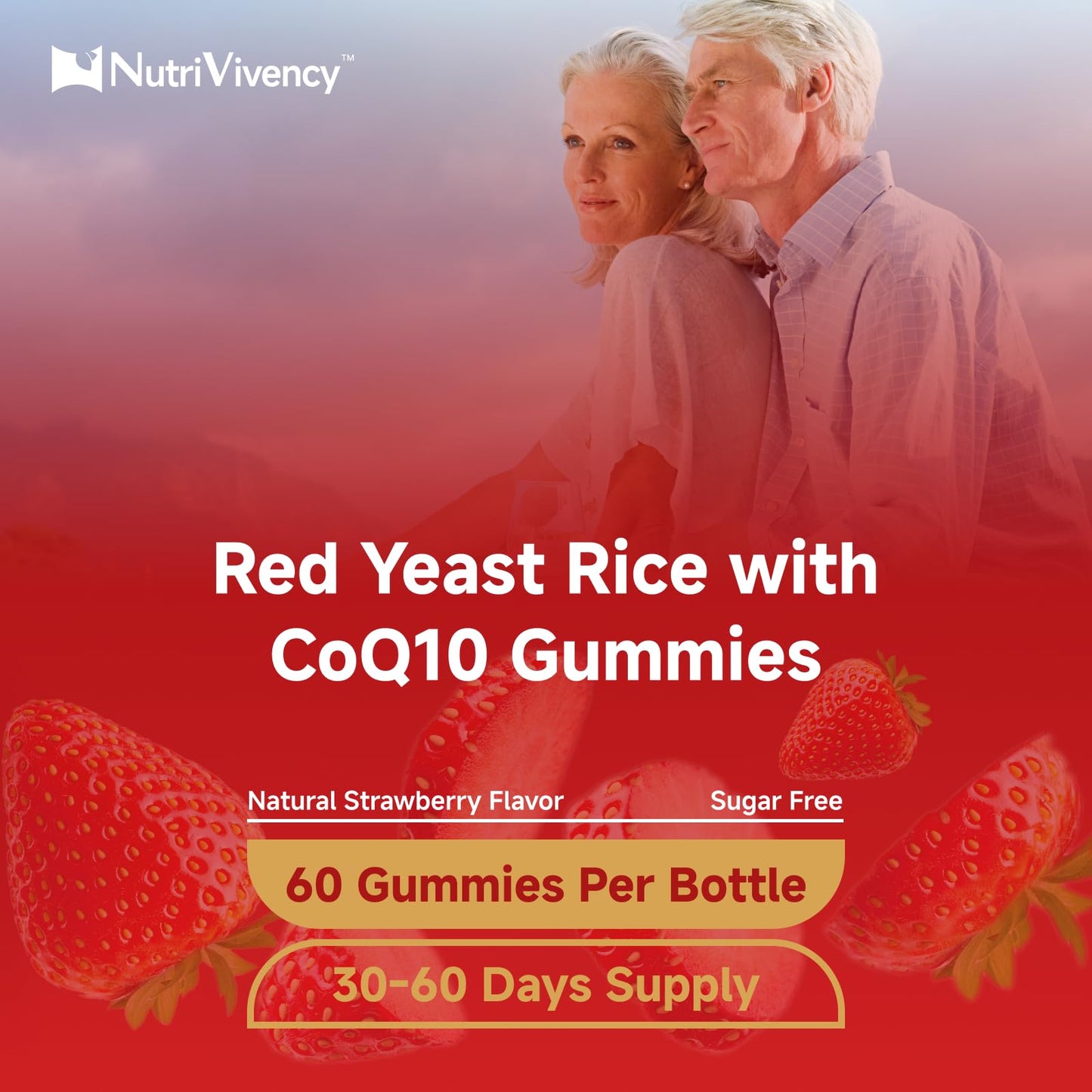 NutriVivency Red Yeast Rice 2400mg with CoQ10 200mg Gummies, Sugar Free, Vegan, Non-GMO, Strawberry Flavor, 60 Gummies