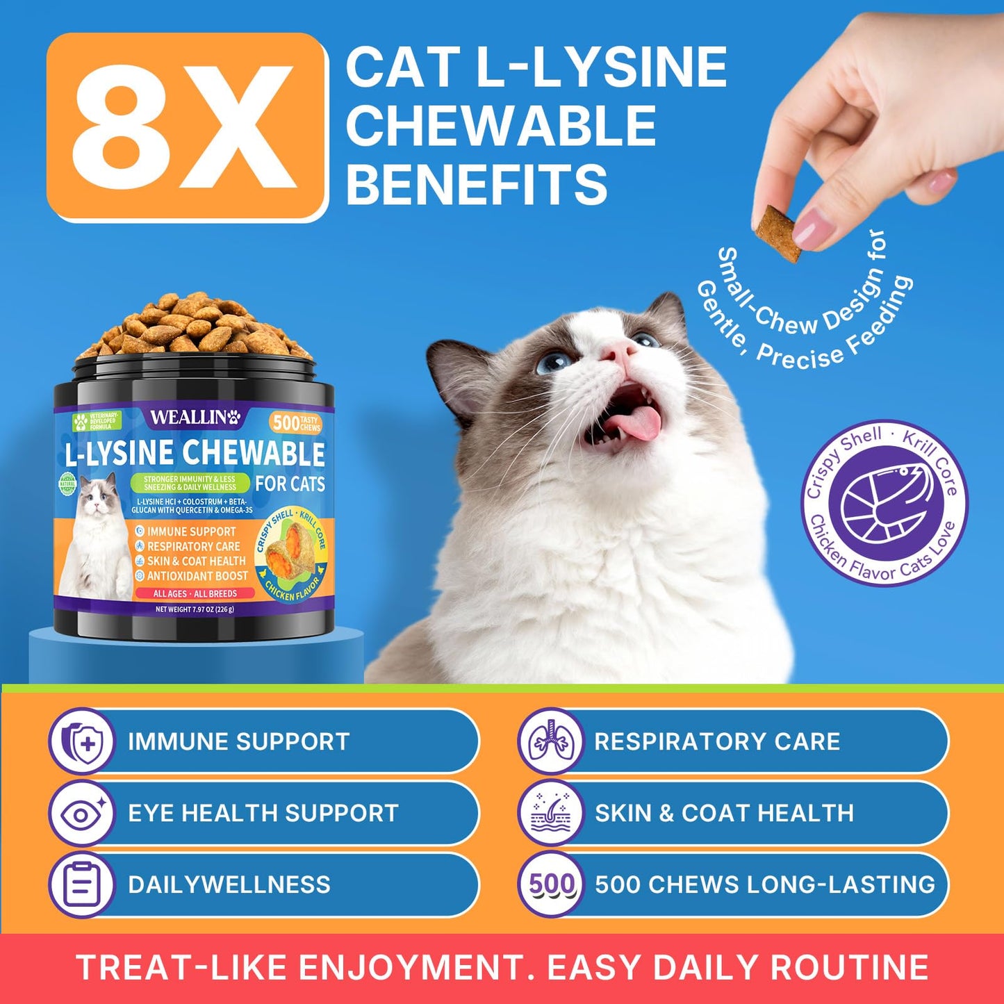 WEALLIN Cat & Dog Wellness Bundle L-Lysine Chews for Cats, 500 Ct; 25-in-1 Dog Multivitamin Chews, 200 Ct